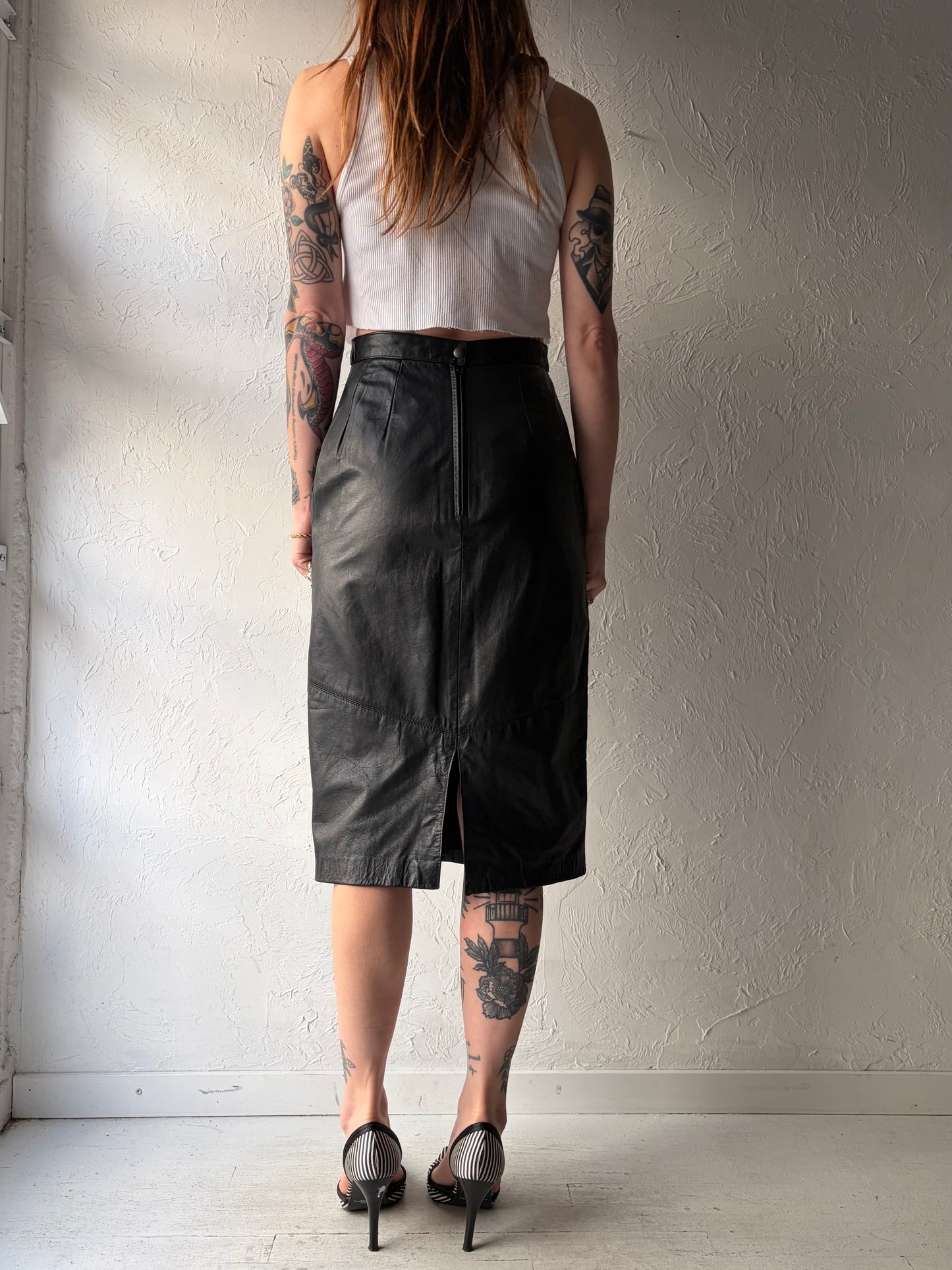 90s ‘Pelle’ Black Leather Minimalist Midi Pencil Skirt / Small
