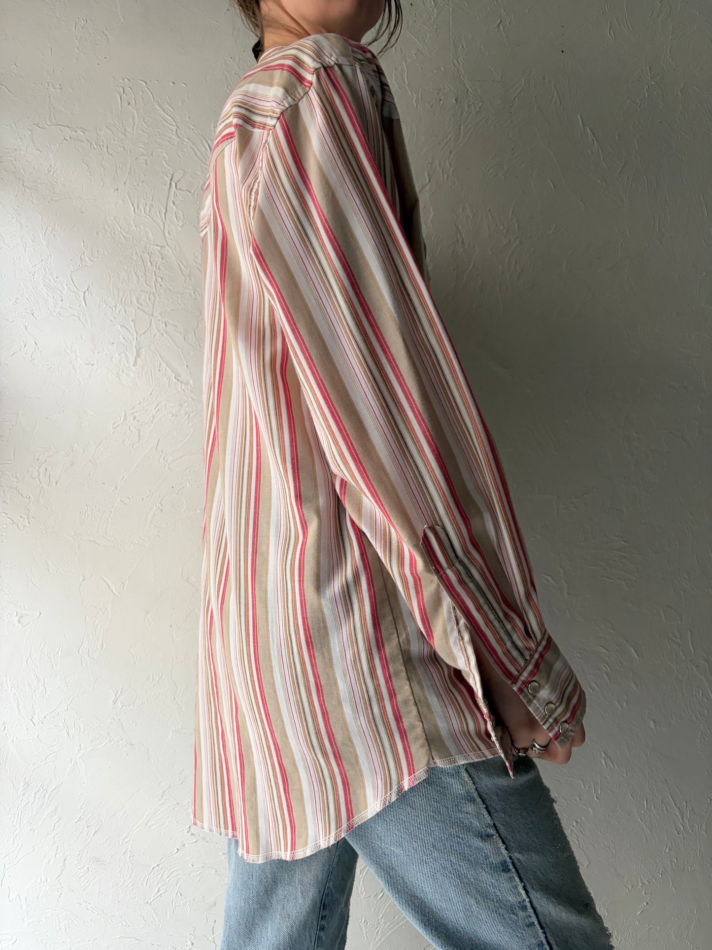 Y2k 'Wrangler' Pink Striped Pearl Snap Shirt / Large