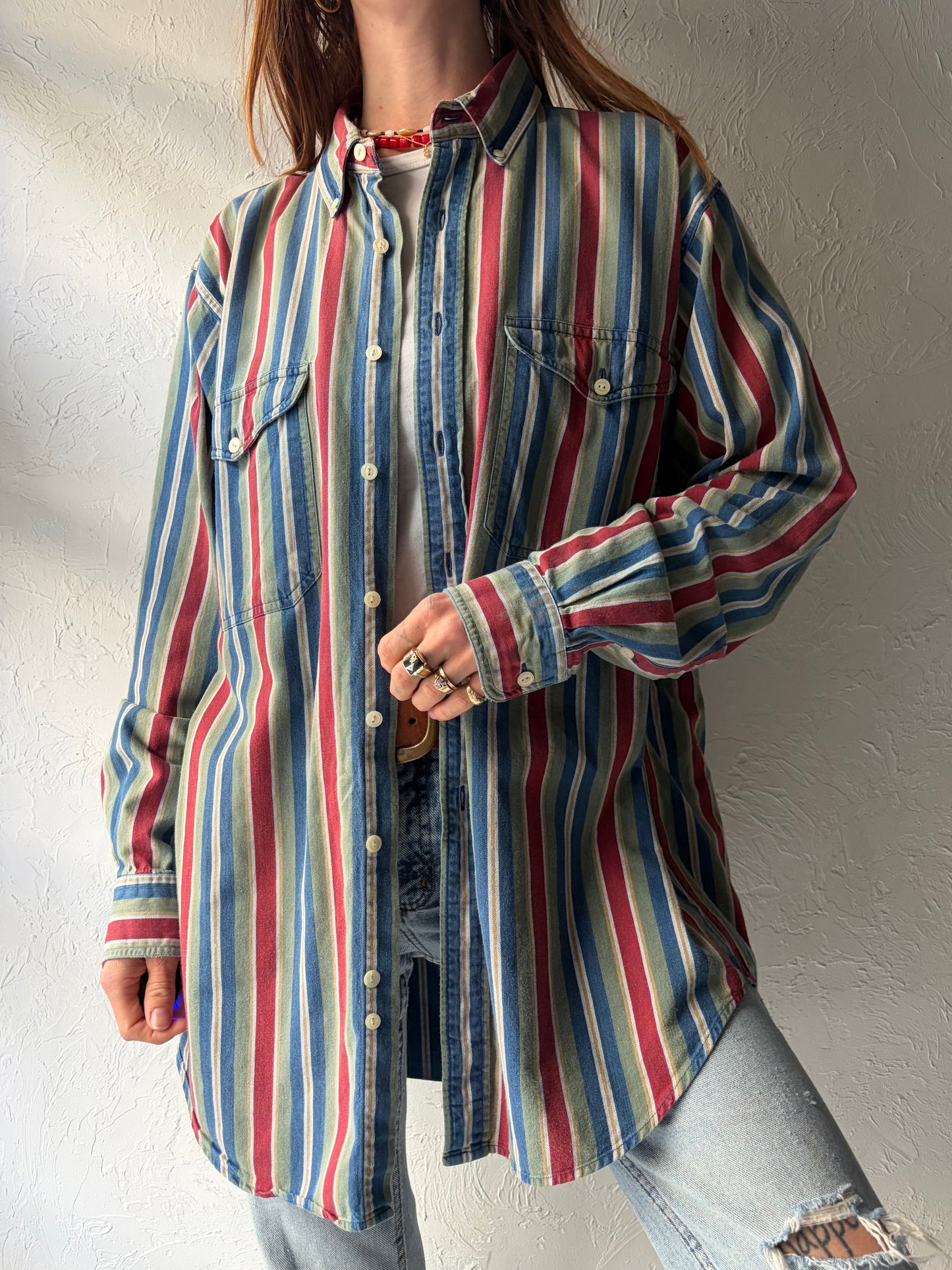 Y2k 'Hunt Club' Stripped Wester Button Up Shirt / Vintage 2000s Cowboy Work Wear Shirt / Large
