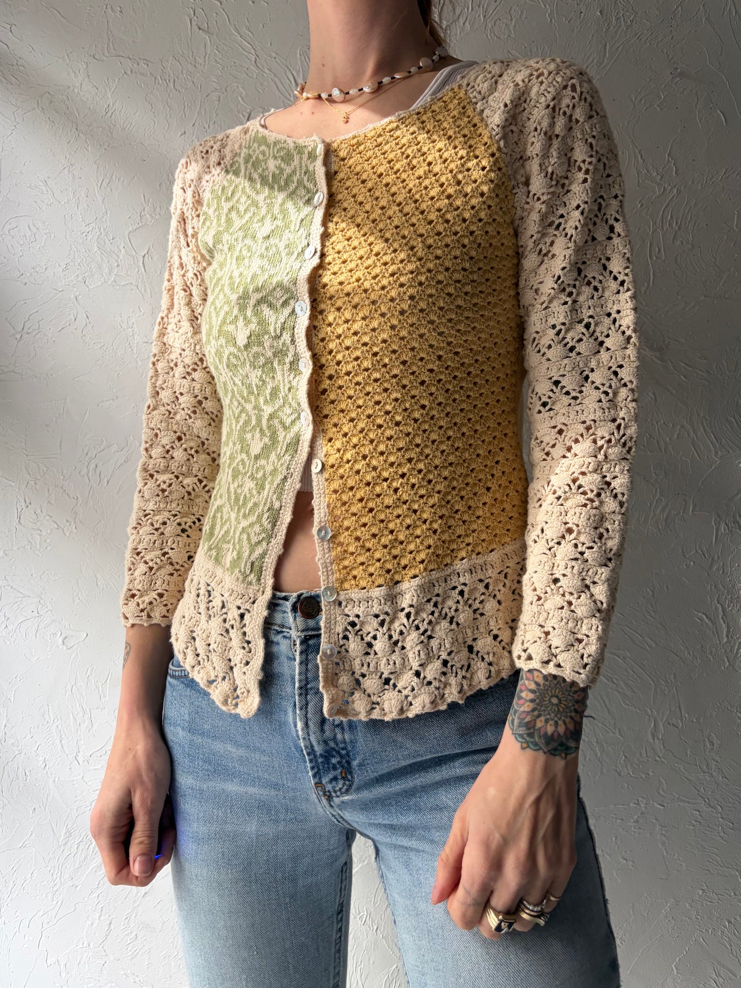 90s 'April Cornell' Crochet Cotton Hippy Cardigan Sweater / Small