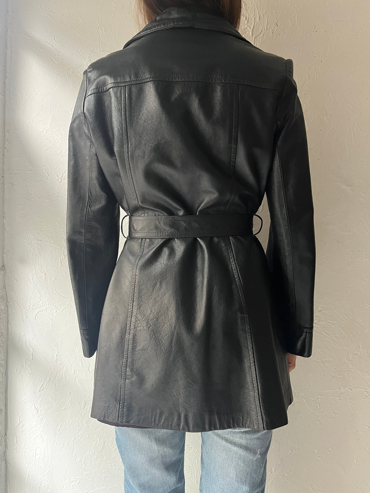 90s 'Dan Di Modes' Black Leather Half Trench Coat / Medium