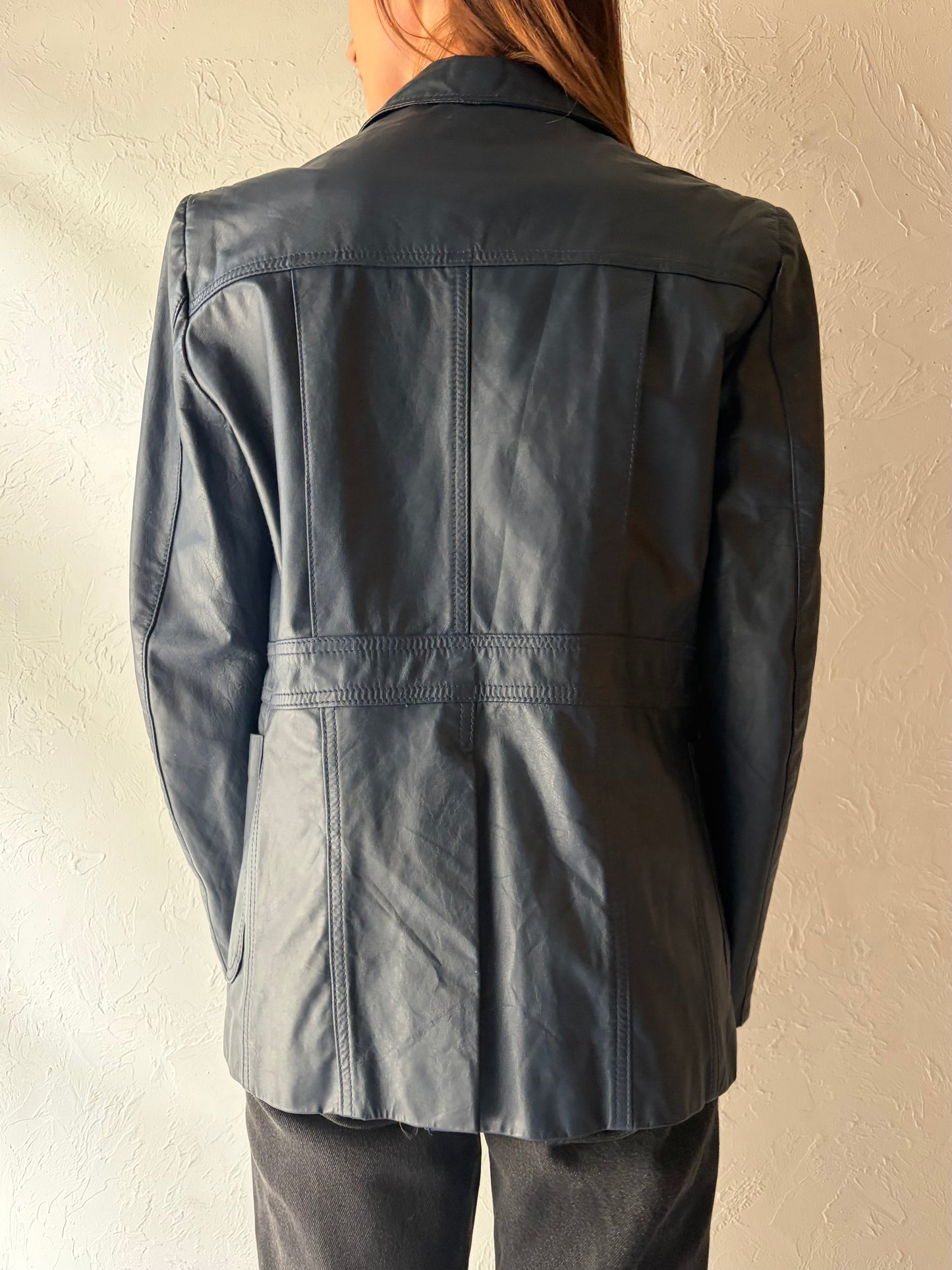 Vintage Minimalist Blue Leather Blazer Jacket / Medium