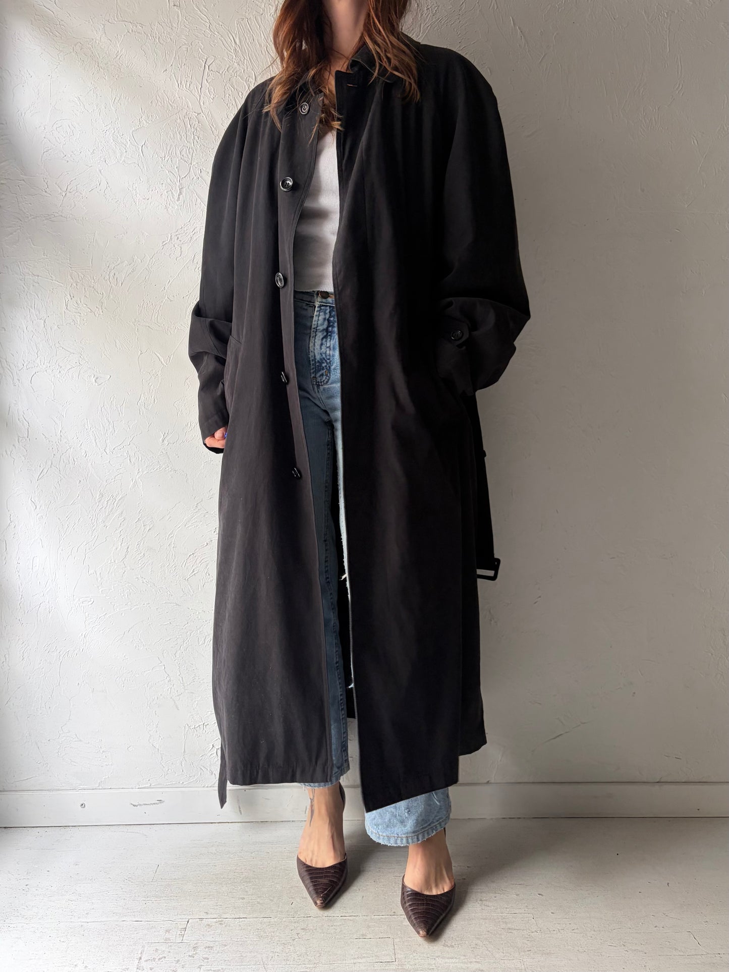 90s 'Christian Dumas' Black Minimalist Trench Coat / 1990s Classic Tailored Timeless Normcore Chic Overcoat /  Large