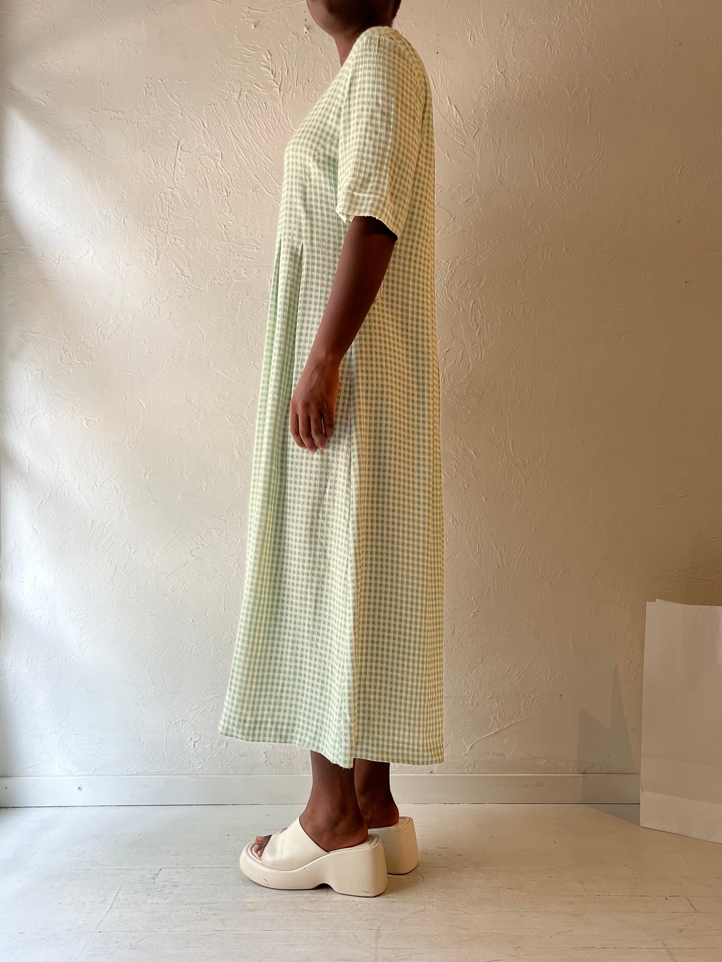 90s 'Lady Carol' Green Gingham Midi Dress / Large