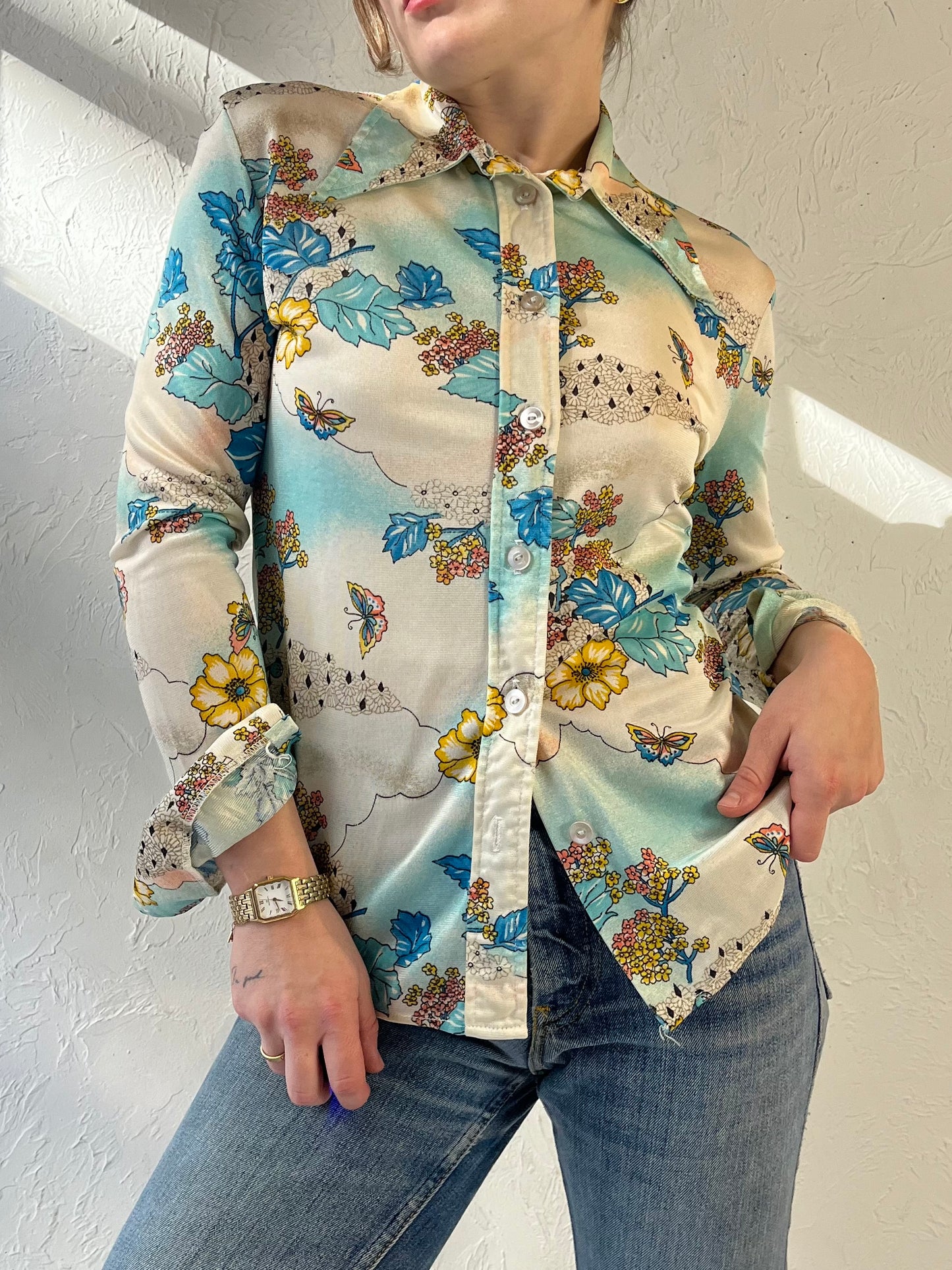 70s Union Made Blue Floral Button Up Blouse / Small