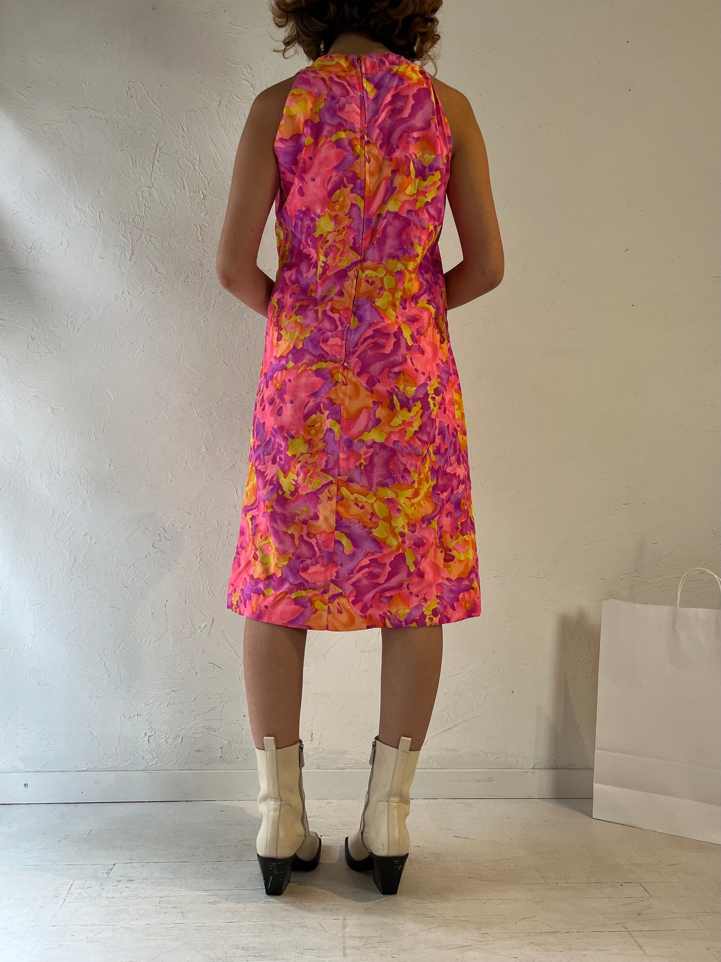 70s Handmade Pink Water Color Cut Out Dress / Medium