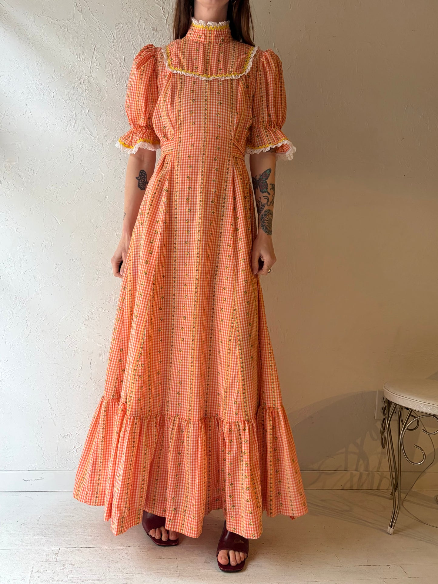 70s Handmade Orange Floral Cottage-core Prairie Style Summer Maxi Dress / Small