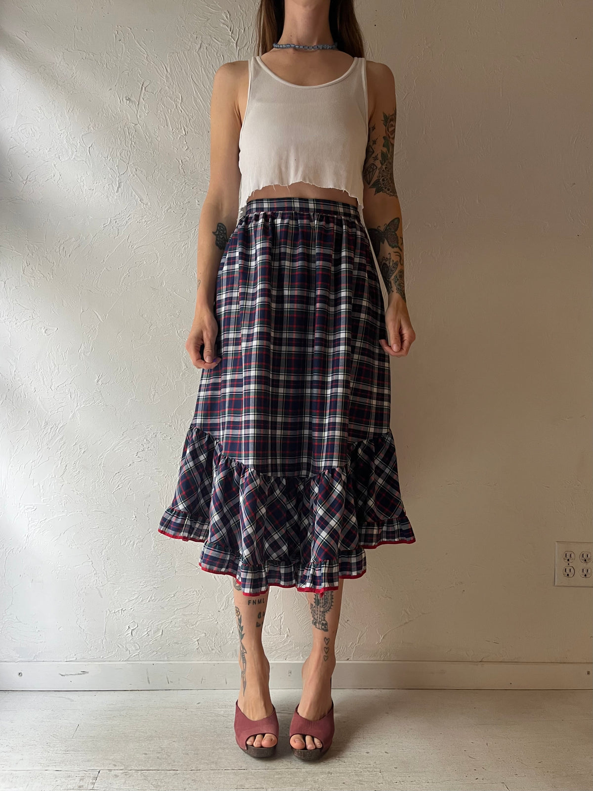 Vintage Plaid Prairie Cottagecore Country Western Ruffle Hem Midi Skirt / Small