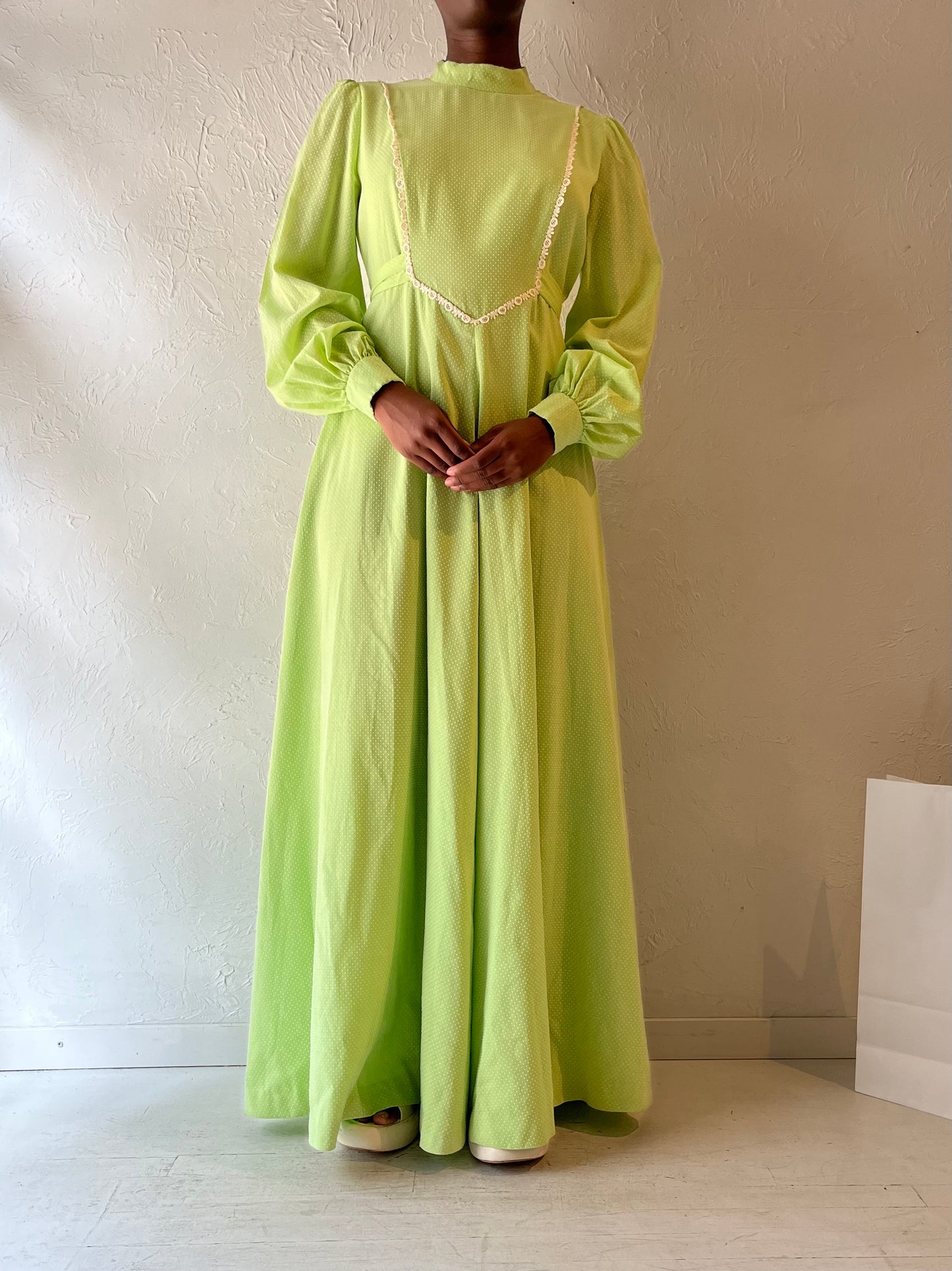 Vintage Handmade Green Long Sleeve Prairie Dress / Medium