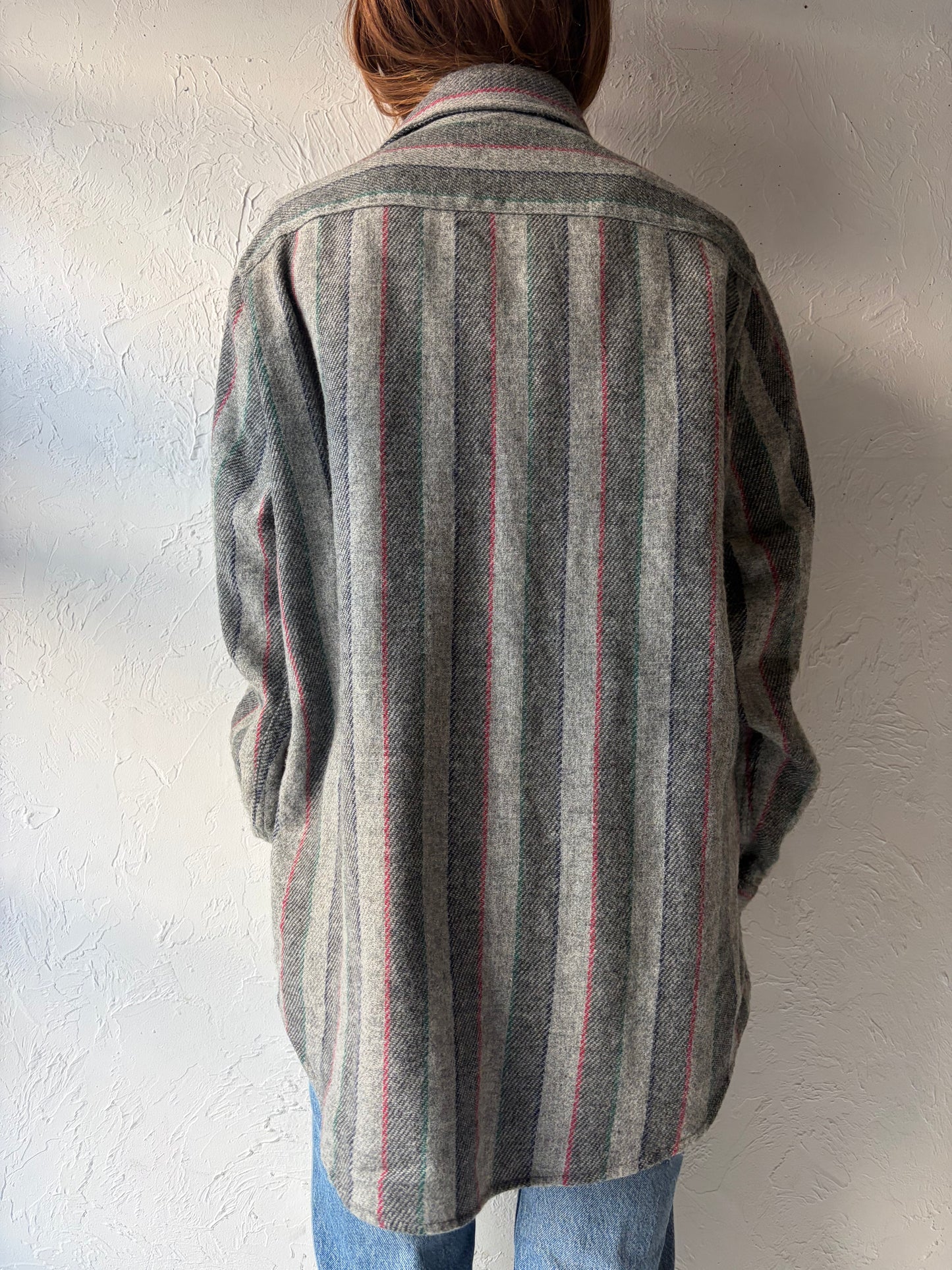 90s 'Fieldmaster' Grey Striped Workwear Button Up Knit Shirt Vintage Grunge Normcore Men's Collared Shirt / Large