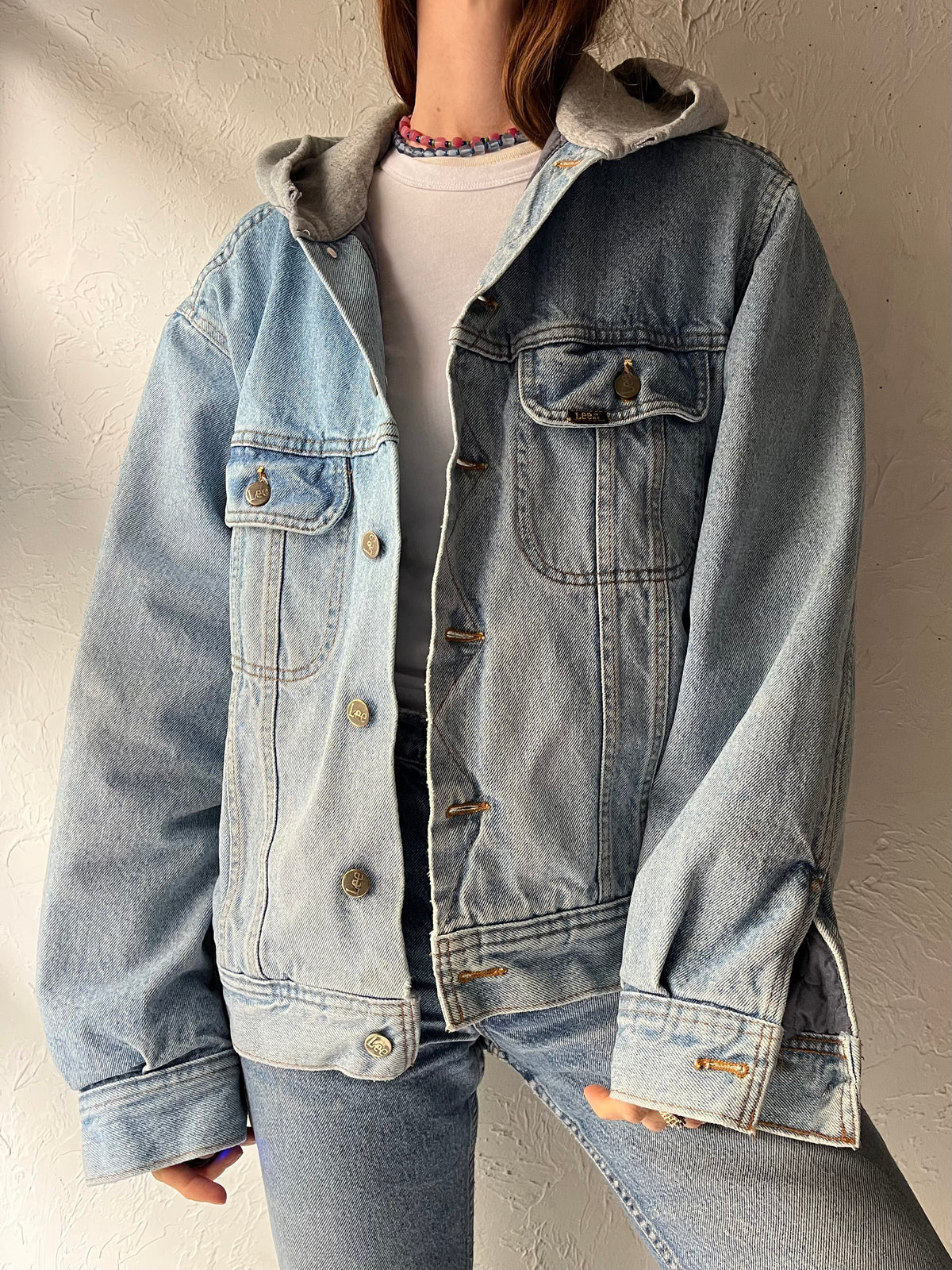 90s 'Global Image' Lee Denim Hooded Grunge Streetwear Trucker Jean Jacket / Medium