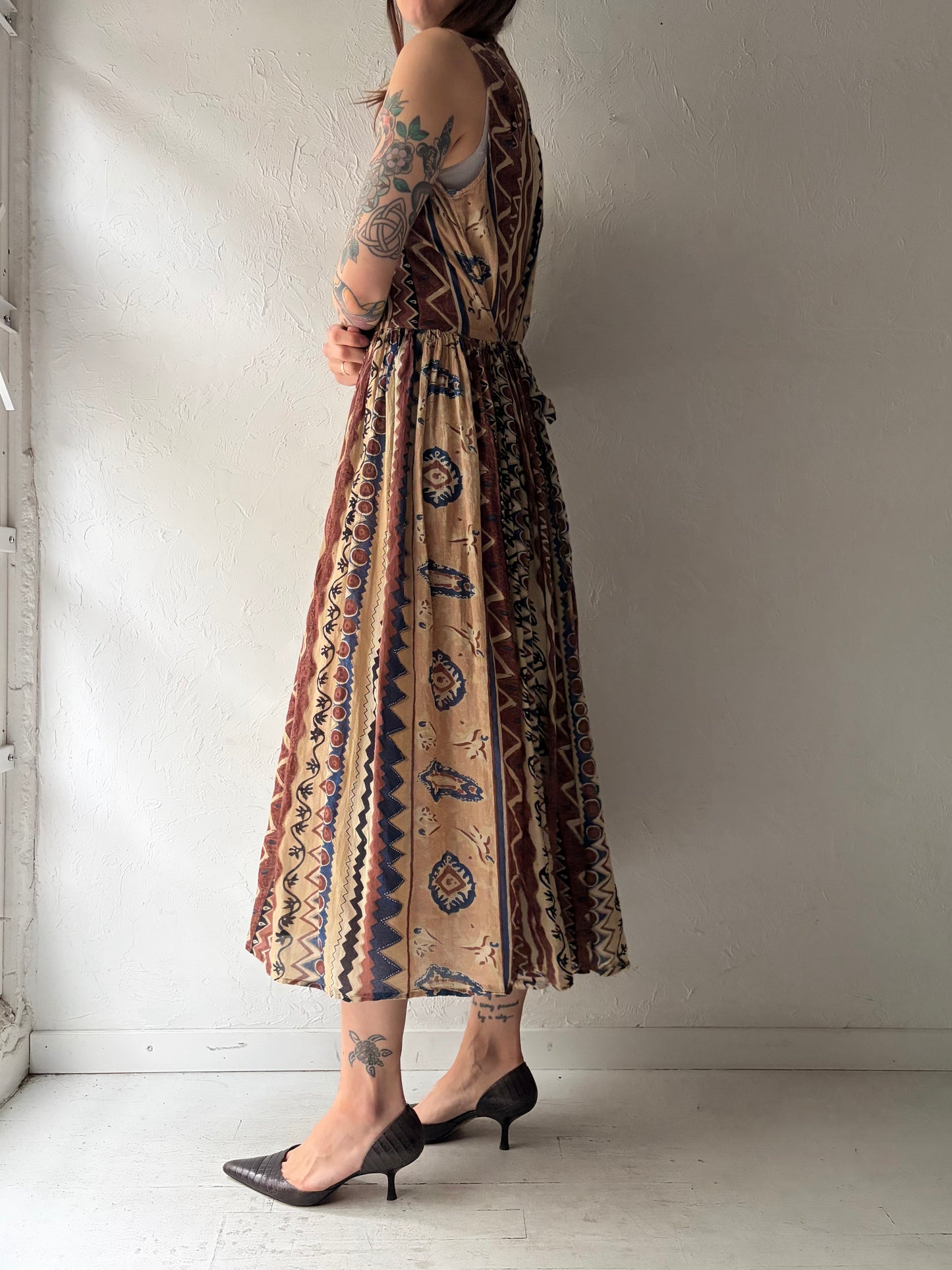 90s 'LGS' Brown Patterned Collared Cotton Spring Dress / Medium