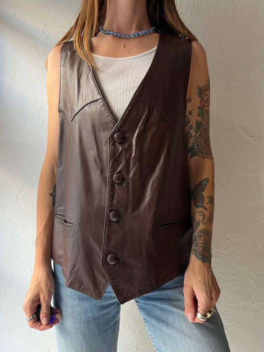 80s 'Continental Leather Fashion' Brown Genuine Leather Western Boho Biker Moto Vintage Vest / XLarge