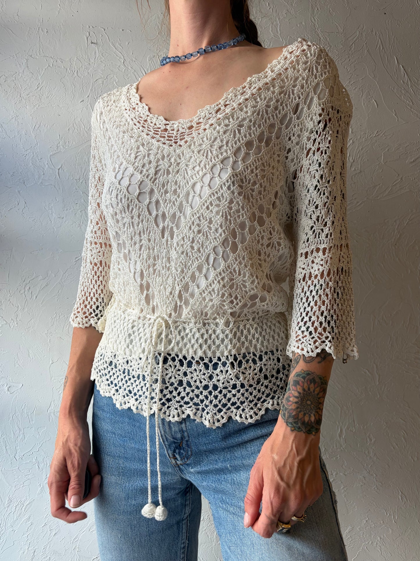 90s 'Kroshetta' Cream Crochet Top / Medium