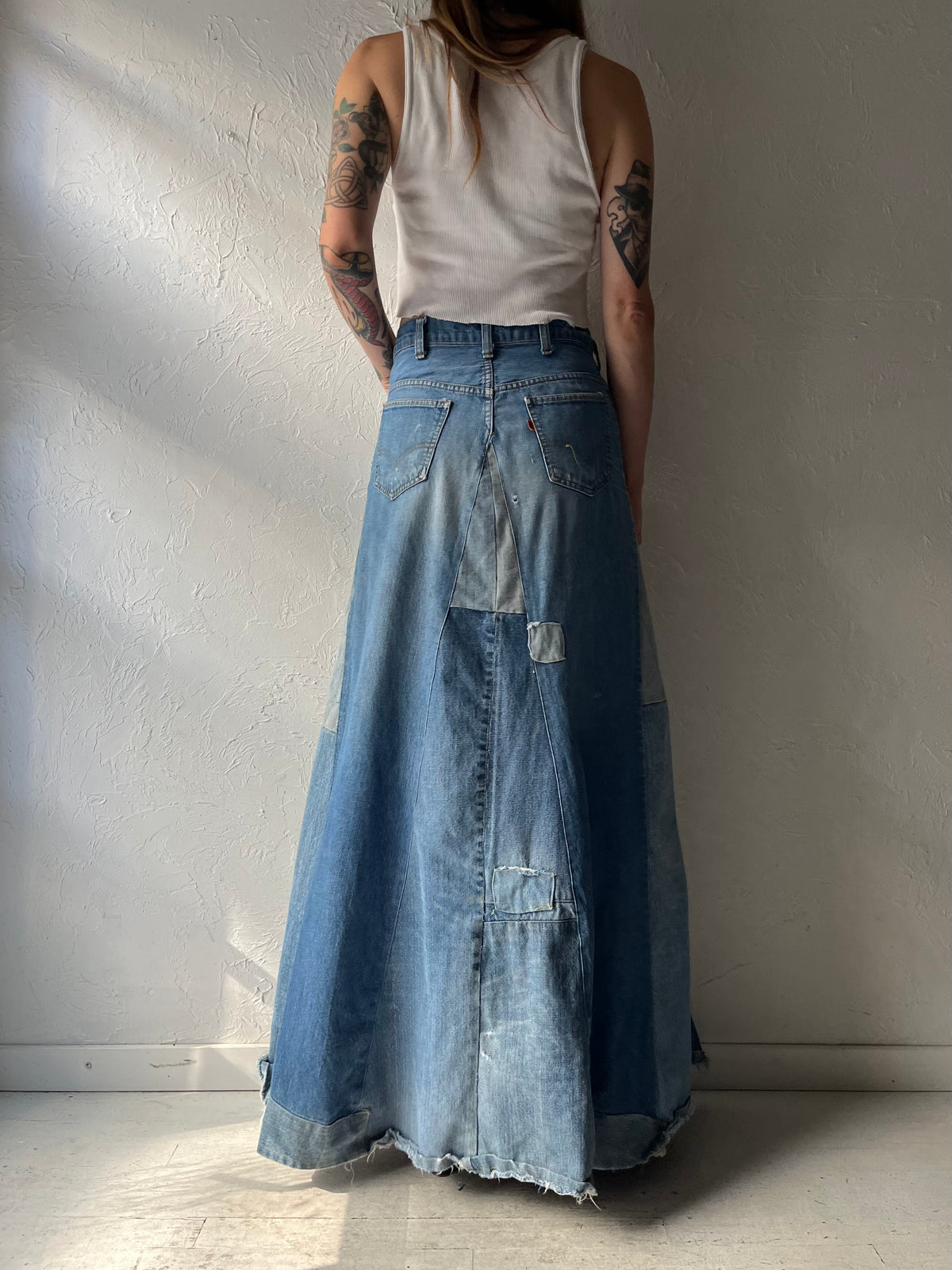 Vintage 'Levis' Patchwork Denim Maxi Skirt / Small