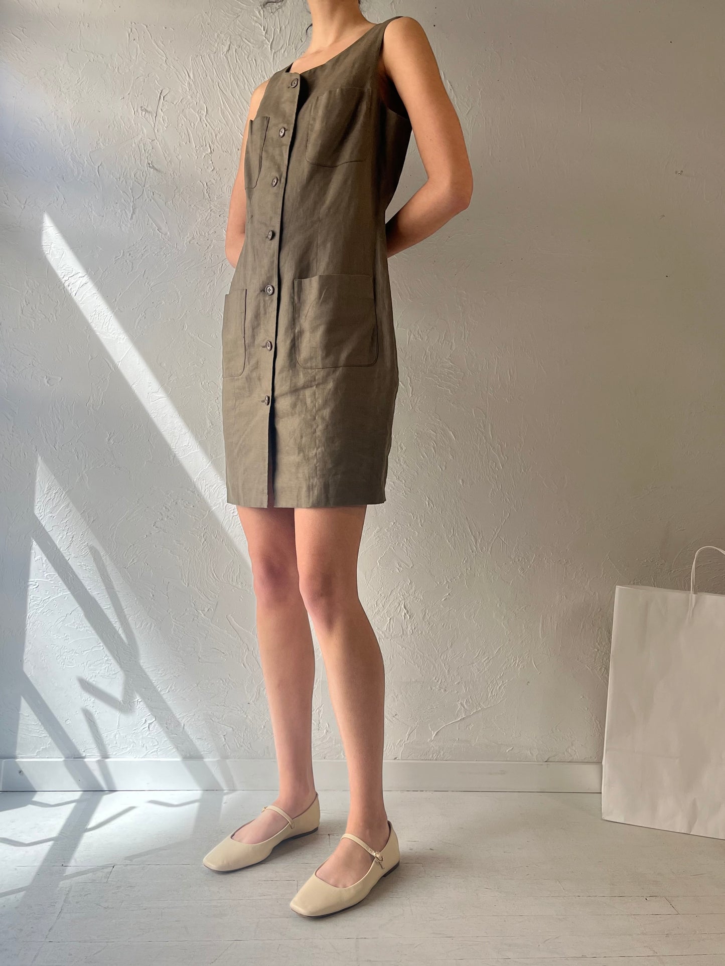 90s ‘Episode’ Green Button Up Linen Dress / Large