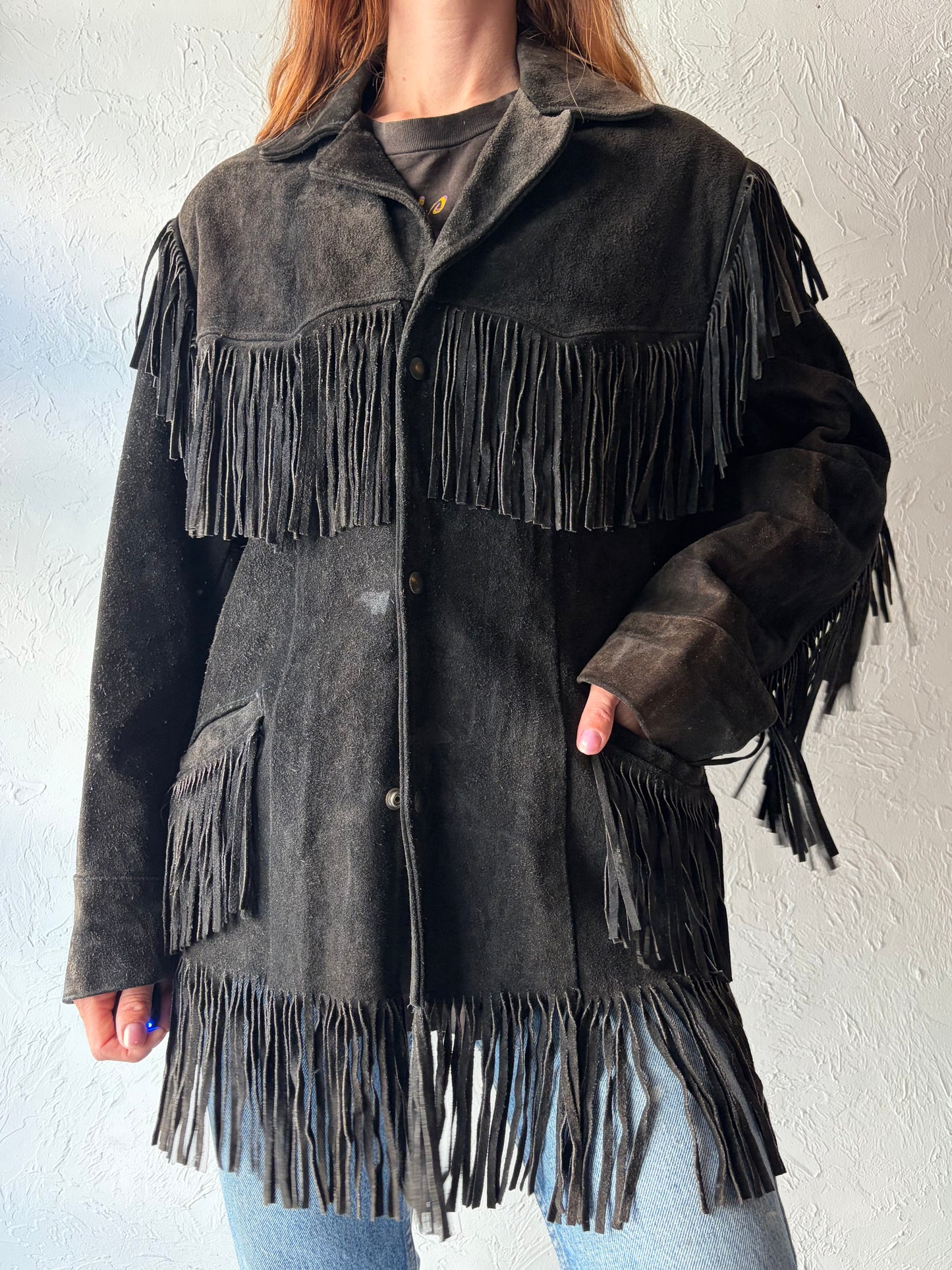 70s 'Excelled' Black Suede Fringe Jacket / Medium