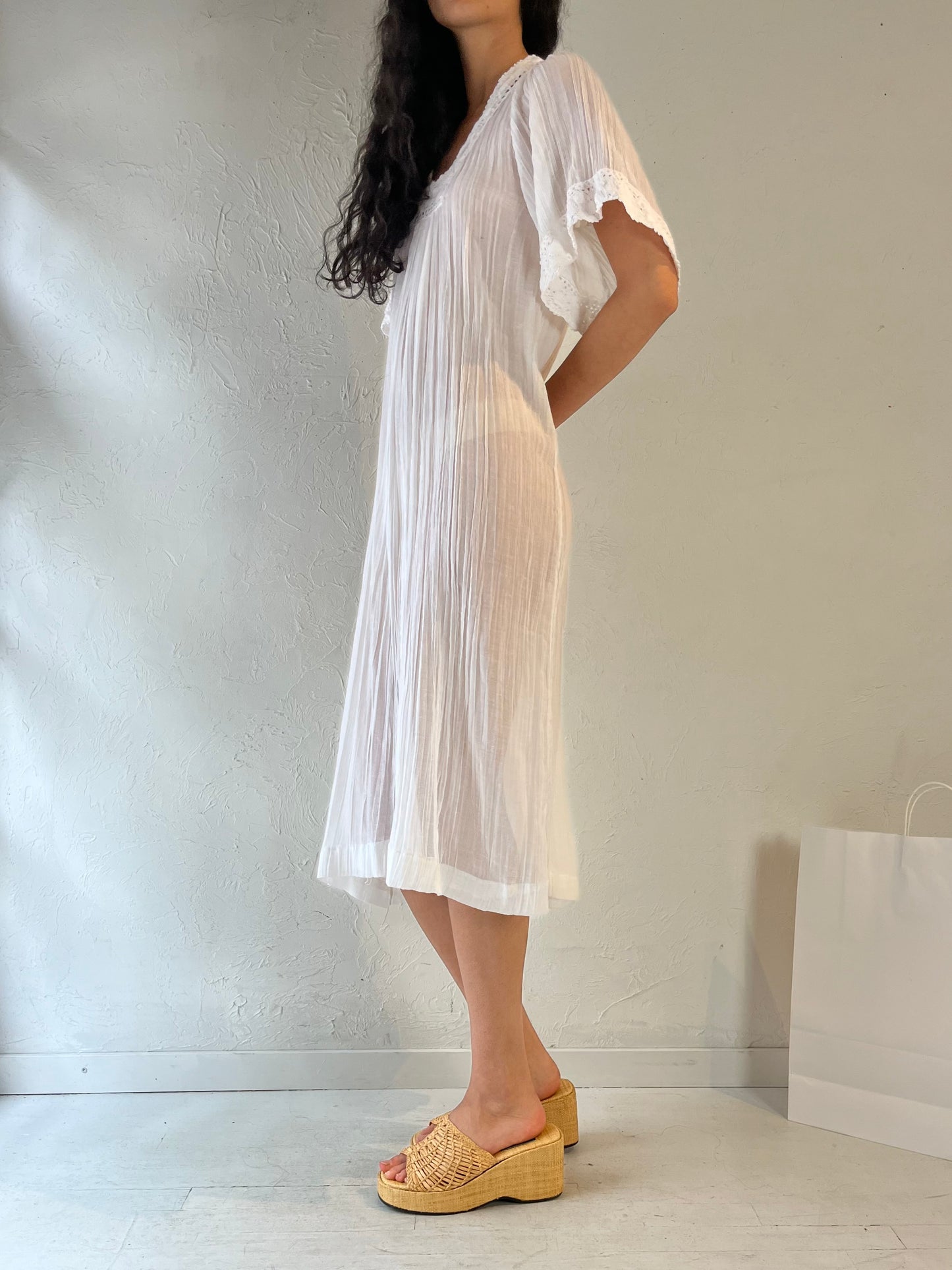 Vintage White Crochet Cotton Gauze Midi Dress / Small