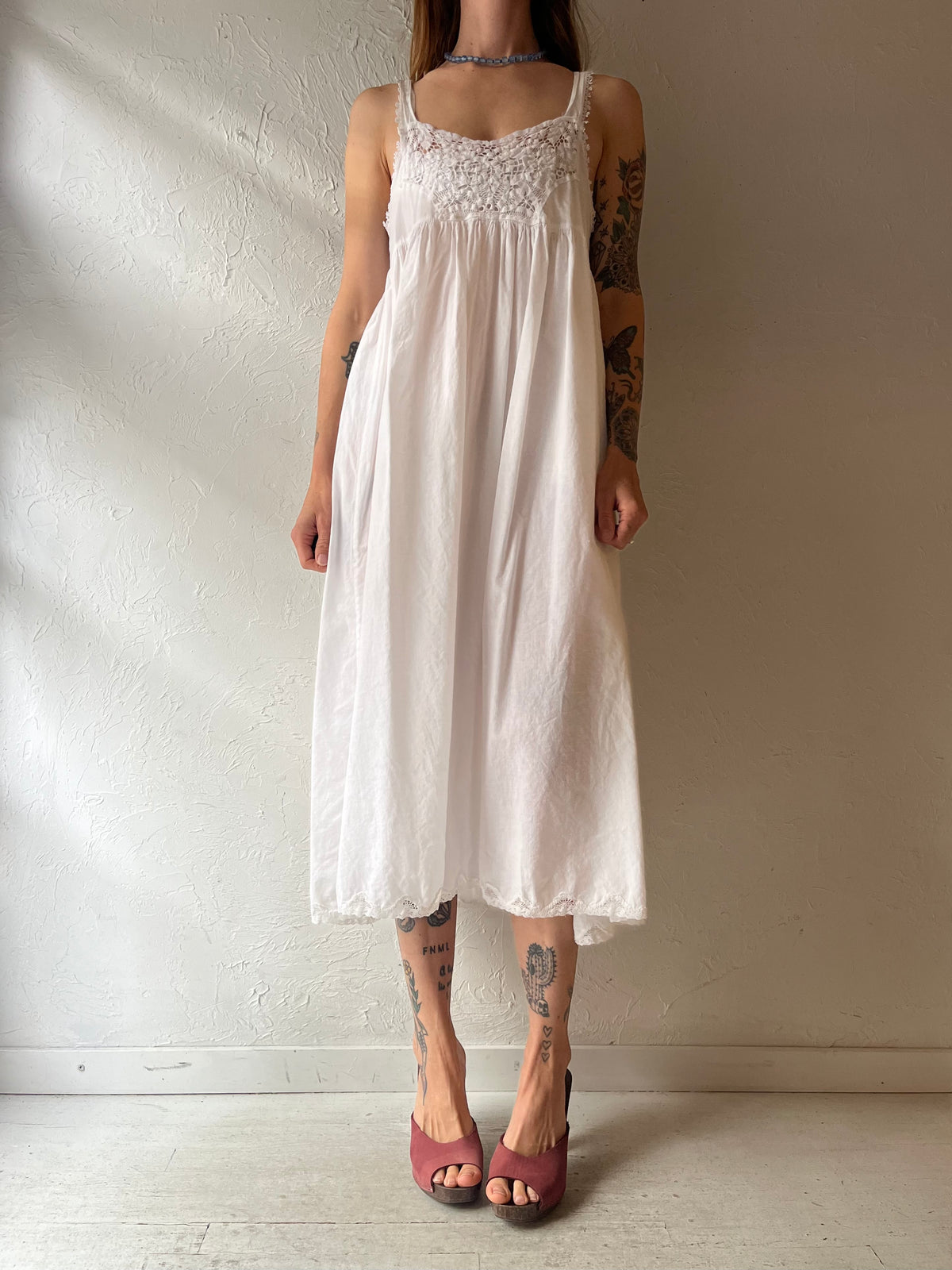 Vintage 'Papillon' White Cotton Crochet Baby Doll Dress / Small
