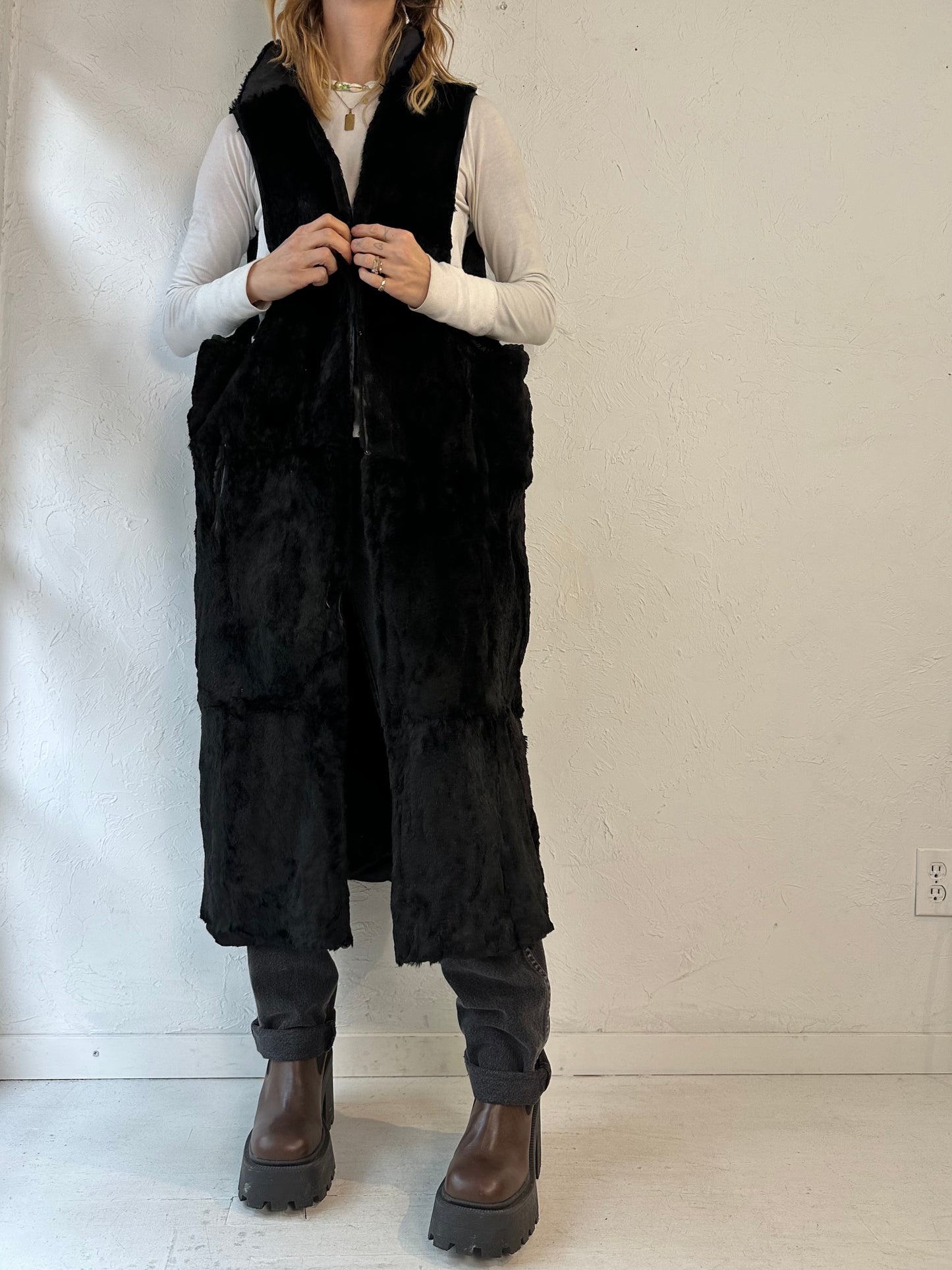 Vintage Black Fur Liner Vest / Large
