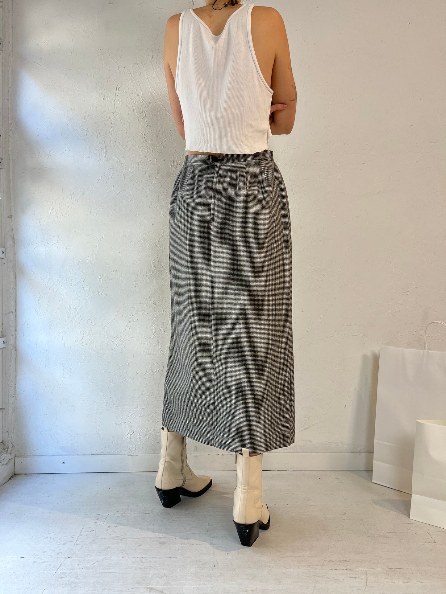 90s 'Club House' Herringbone Wool Midi Skirt / Medium