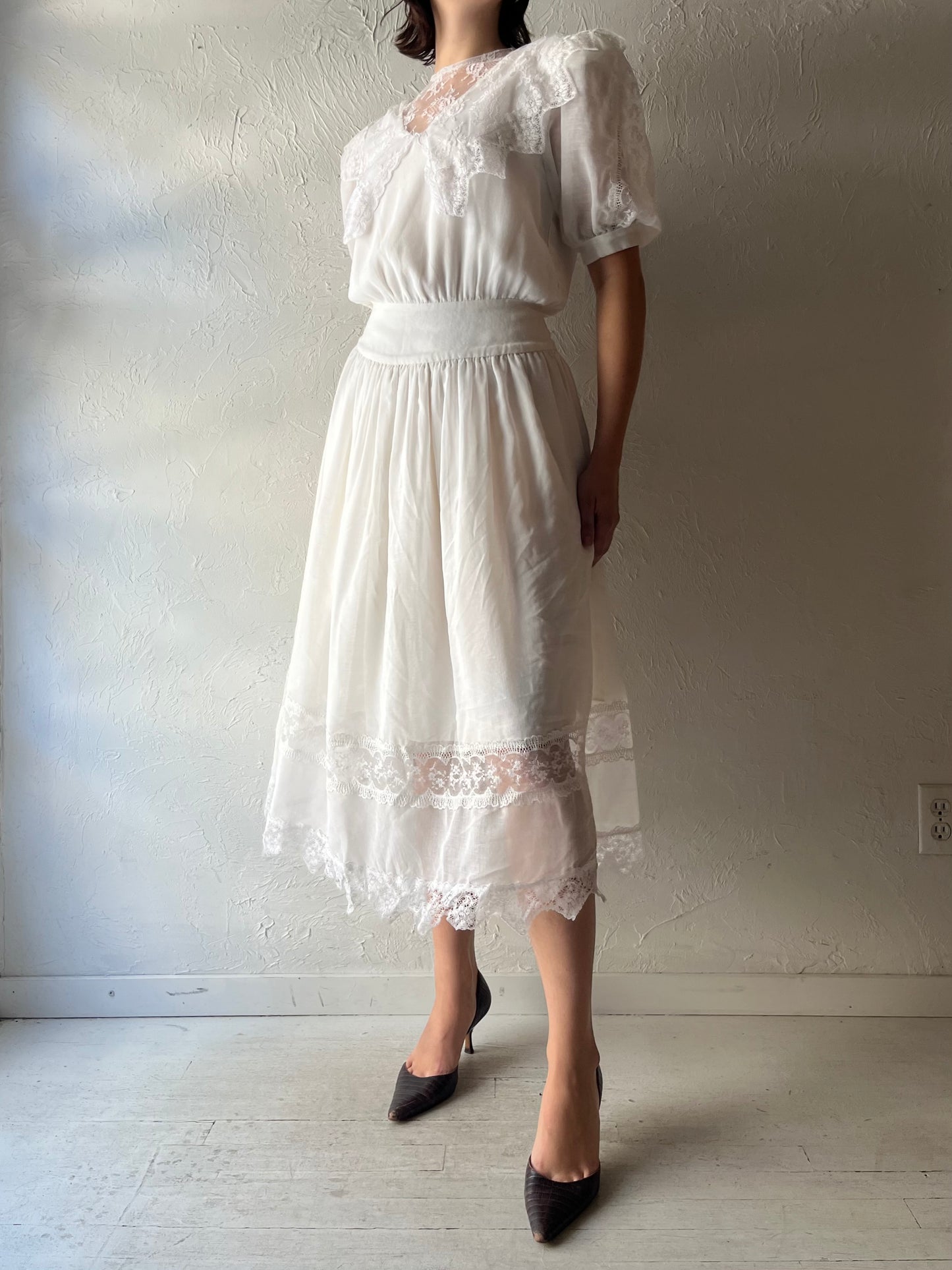 80s 'Jessica McClintock' White Romanic Prairie Cottage Core Summer Garden Party Dress / Small