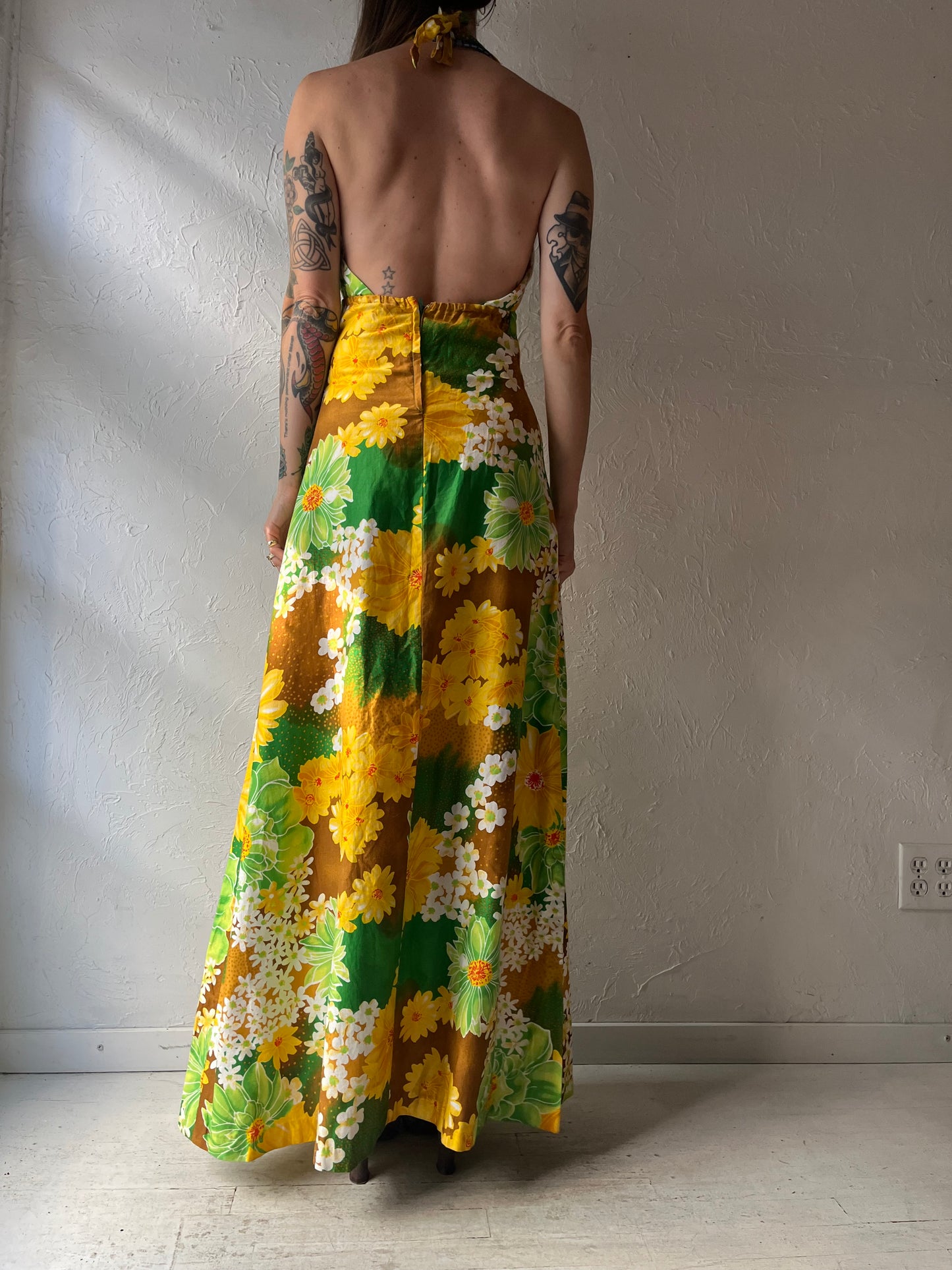 70s 'Marjorie Hamilton' Tropical Cotton Halter Maxi Dress / Small