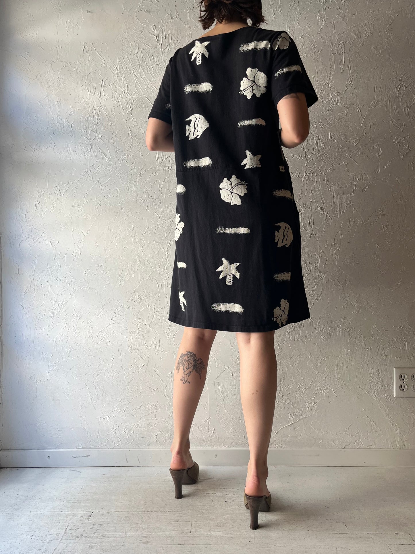90s 'Red Ginger' Black Cotton Beach Dress / Large
