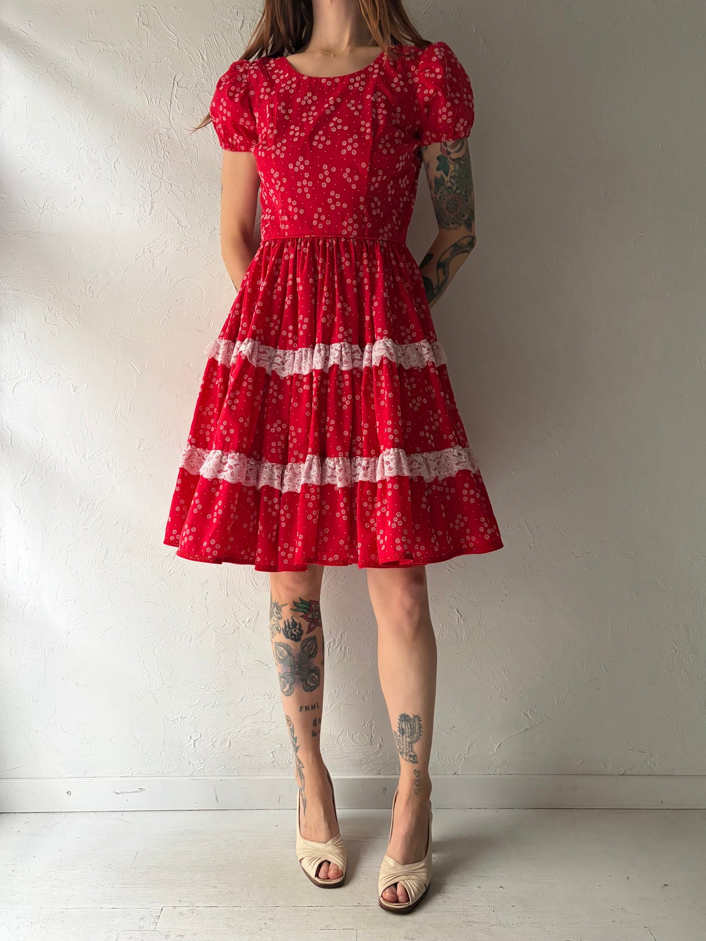 Vintage Handmade Red Floral Western Teared Mini Dress / Vintage Cottage Core Prairie Summer Dress / Small