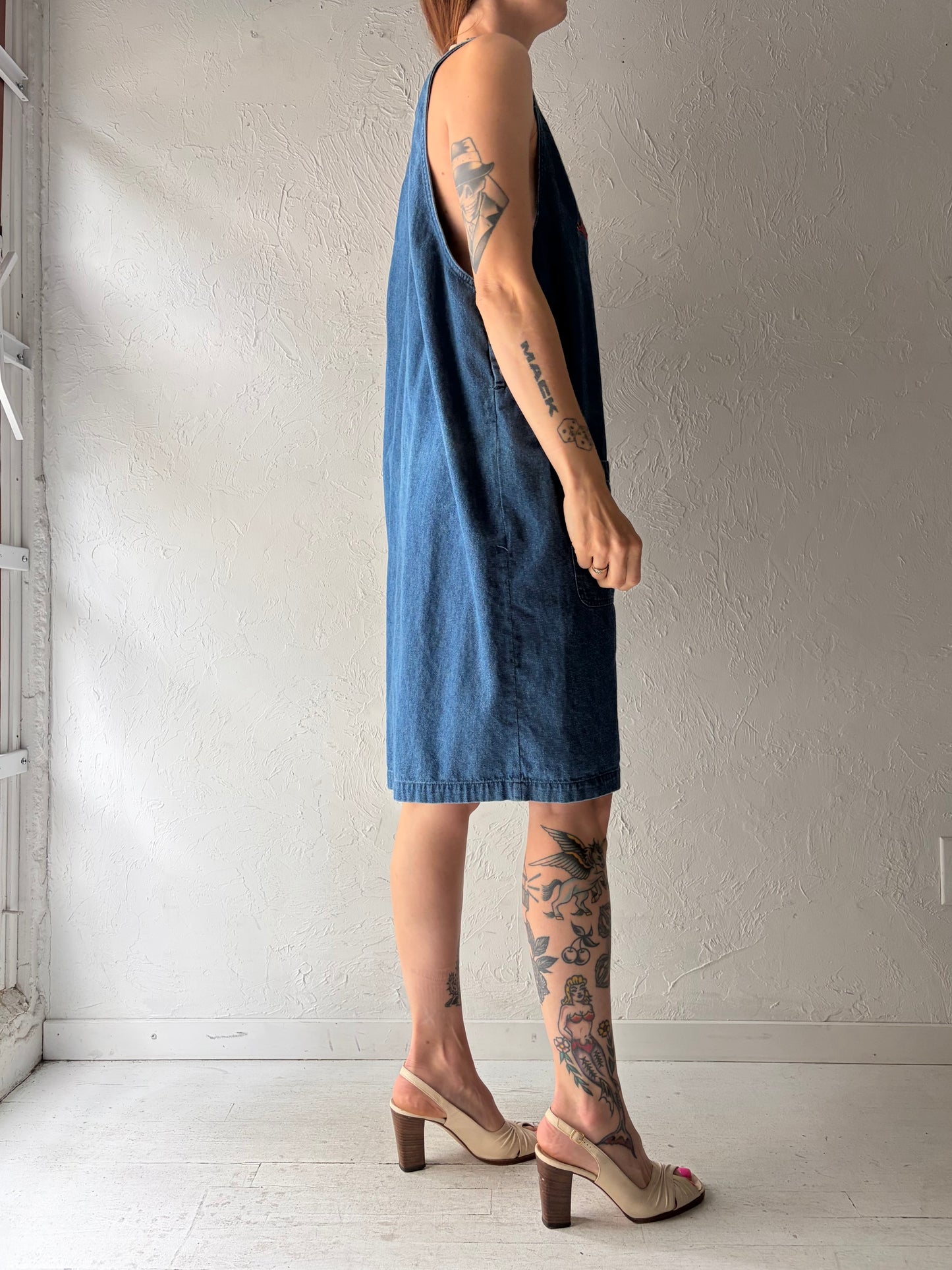 90s Embroidered Denim Fish Dress / Medium