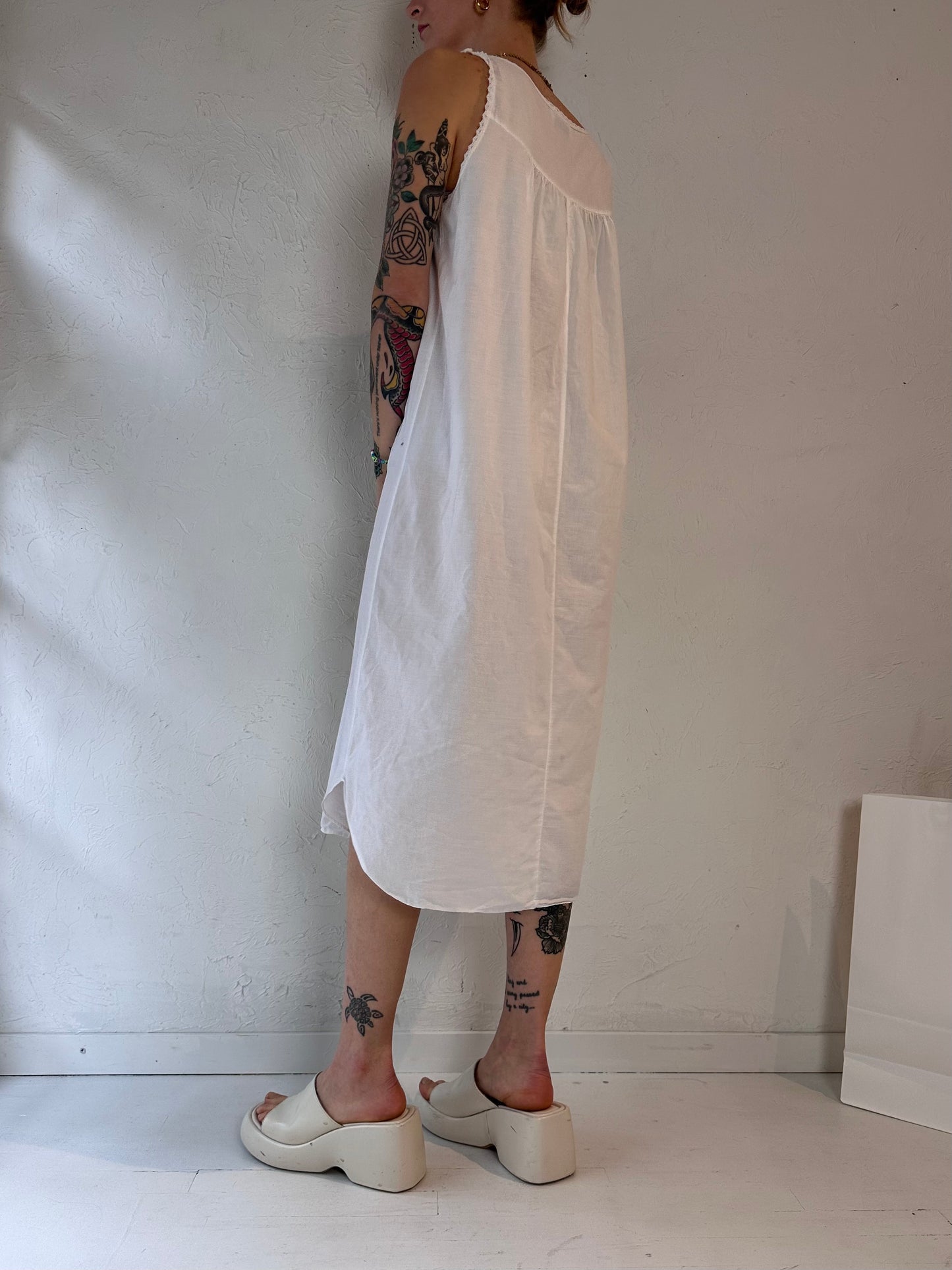 90s 'Kayanna' White Cotton Midi Dress / Medium