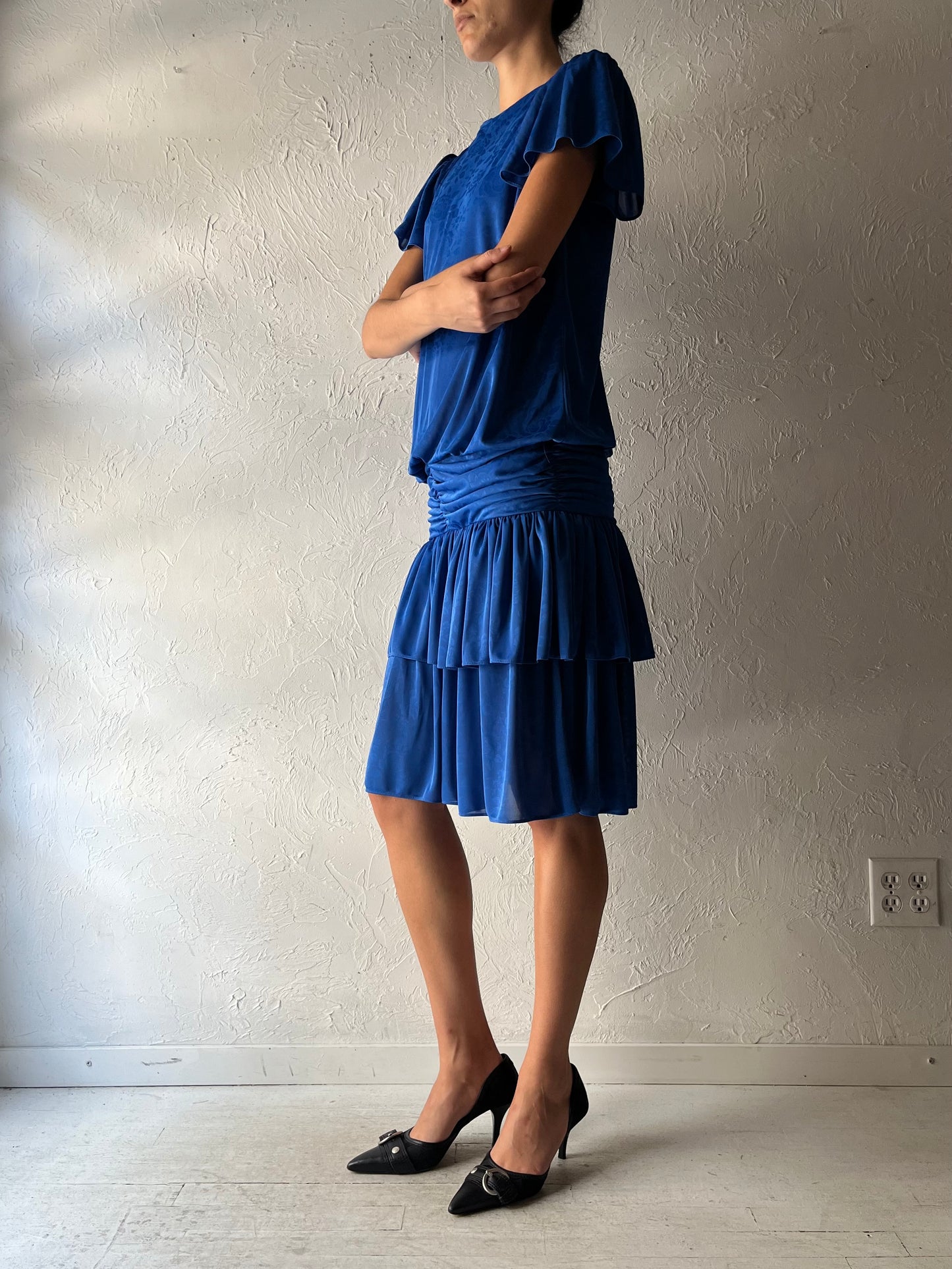 80s 'Mandy Designs' Blue Floral Retro Normcore Midi Party Dress / Medium