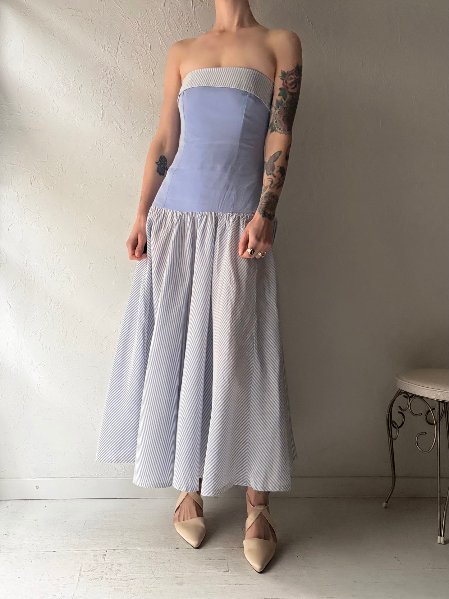 80s 'Laura Ashley' Strapless Drop Waist Dress / Small - Medium