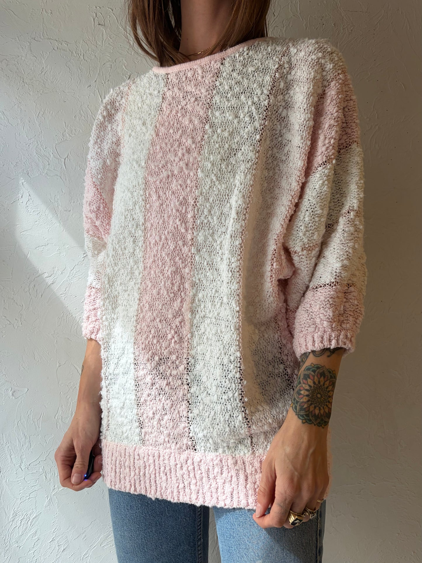 90s 'Eaton' Pink Striped Spring Sweater / Mediu