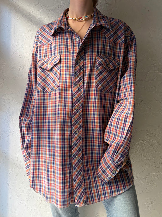 90s ‘Wrangler' Blue Plaid Snap up Western Shirt / XL