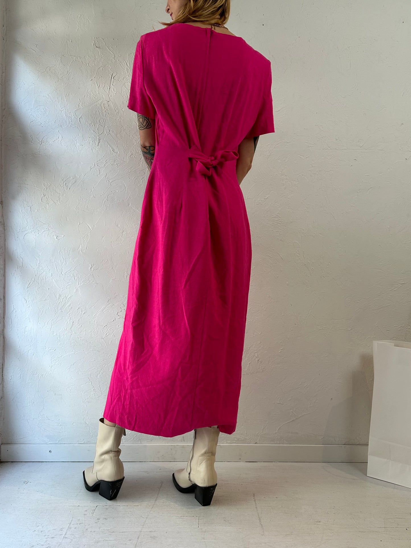 80s 'Dawn Joy' Hot Pink Linen Rayon Maxi Dress / Large