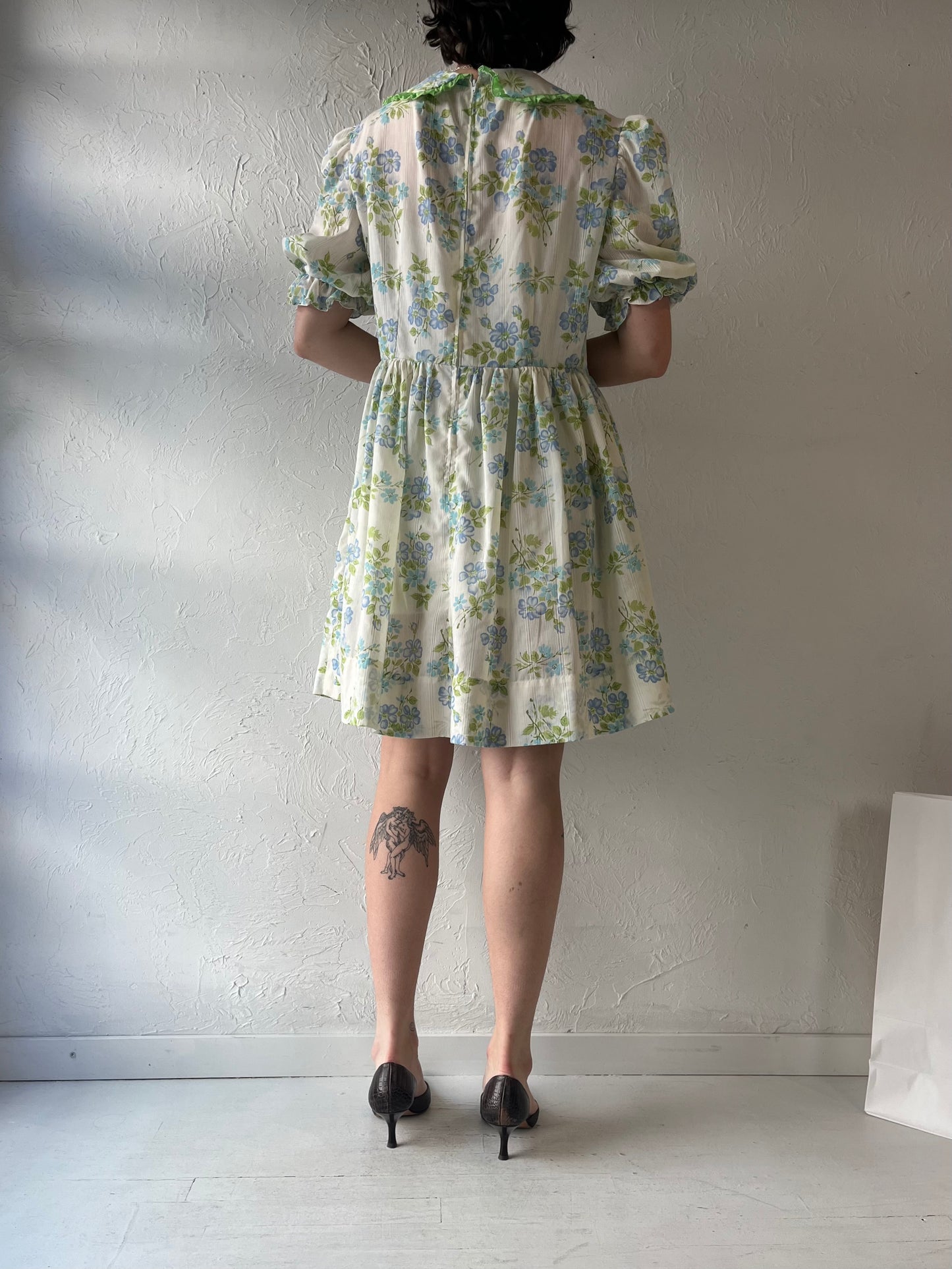 Vintage Handmade Green Floral Mini Dress / Medium