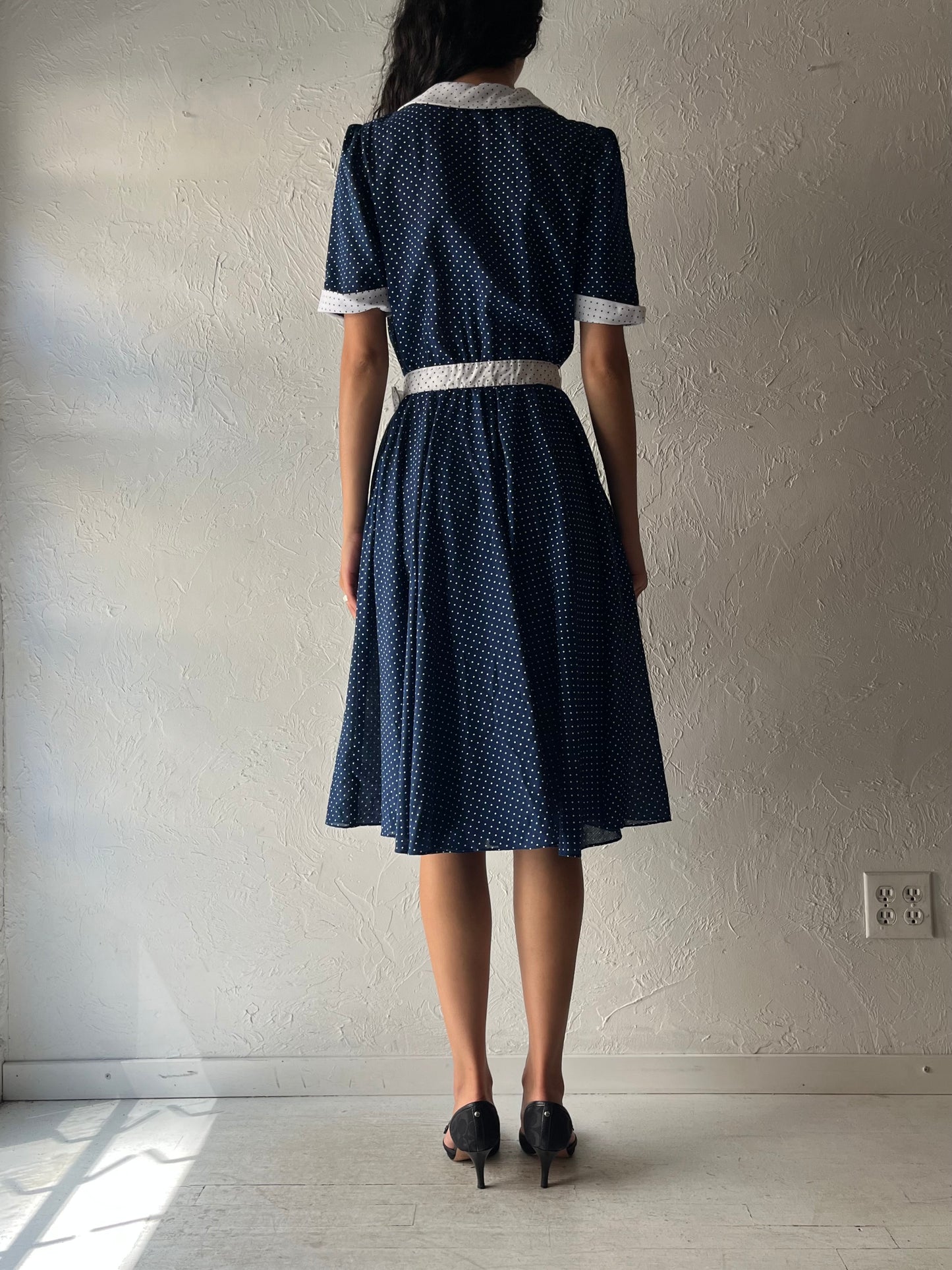 70s 'Nu Mode' Retro Blue Polka Dot Dress / Small