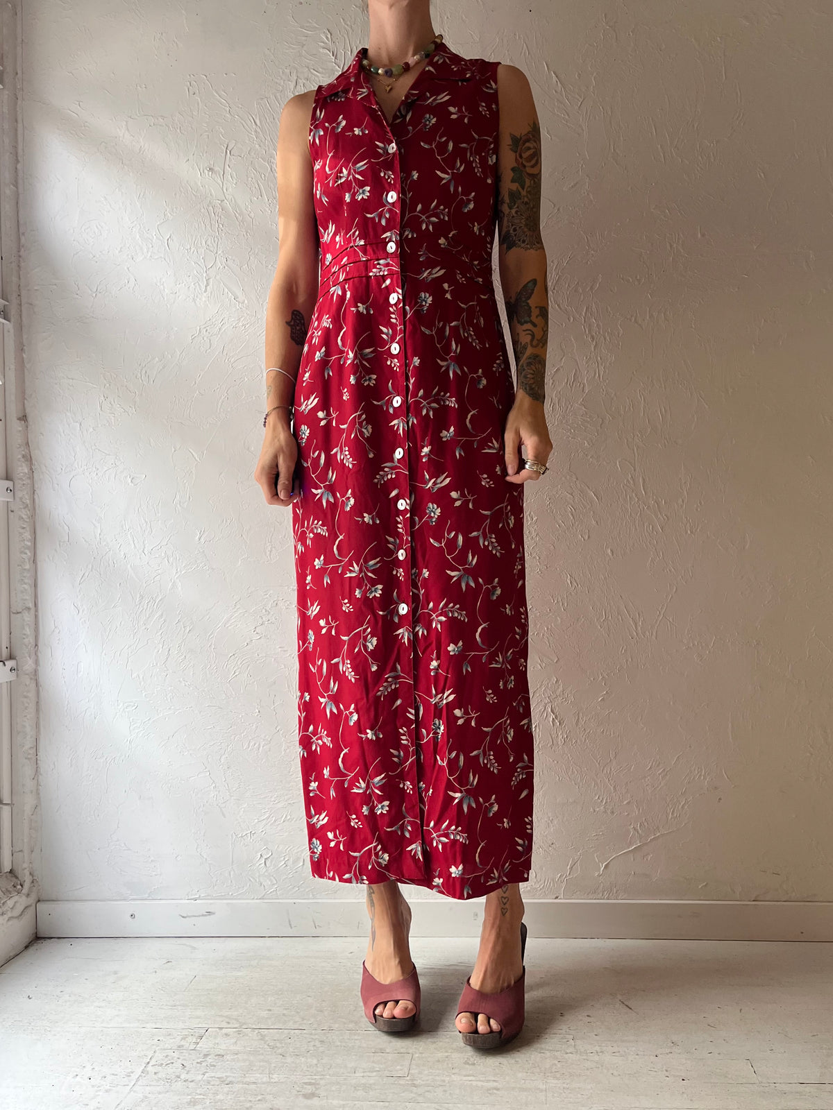 90s 'Robbie Bee' Red Floral Print Collared Maxi Dress / Small