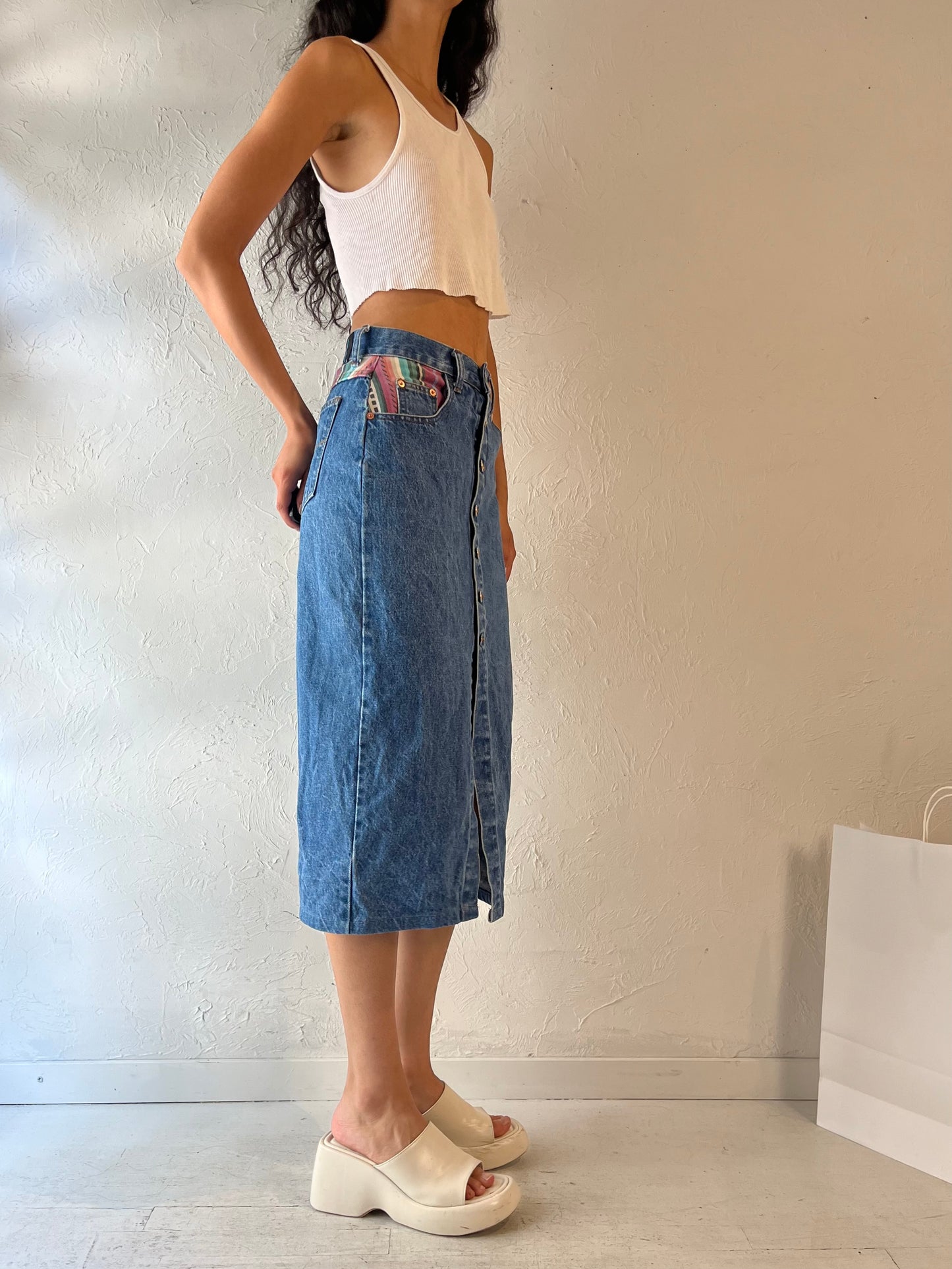 90s 'Steel' Denim Pencil Skirt / Small