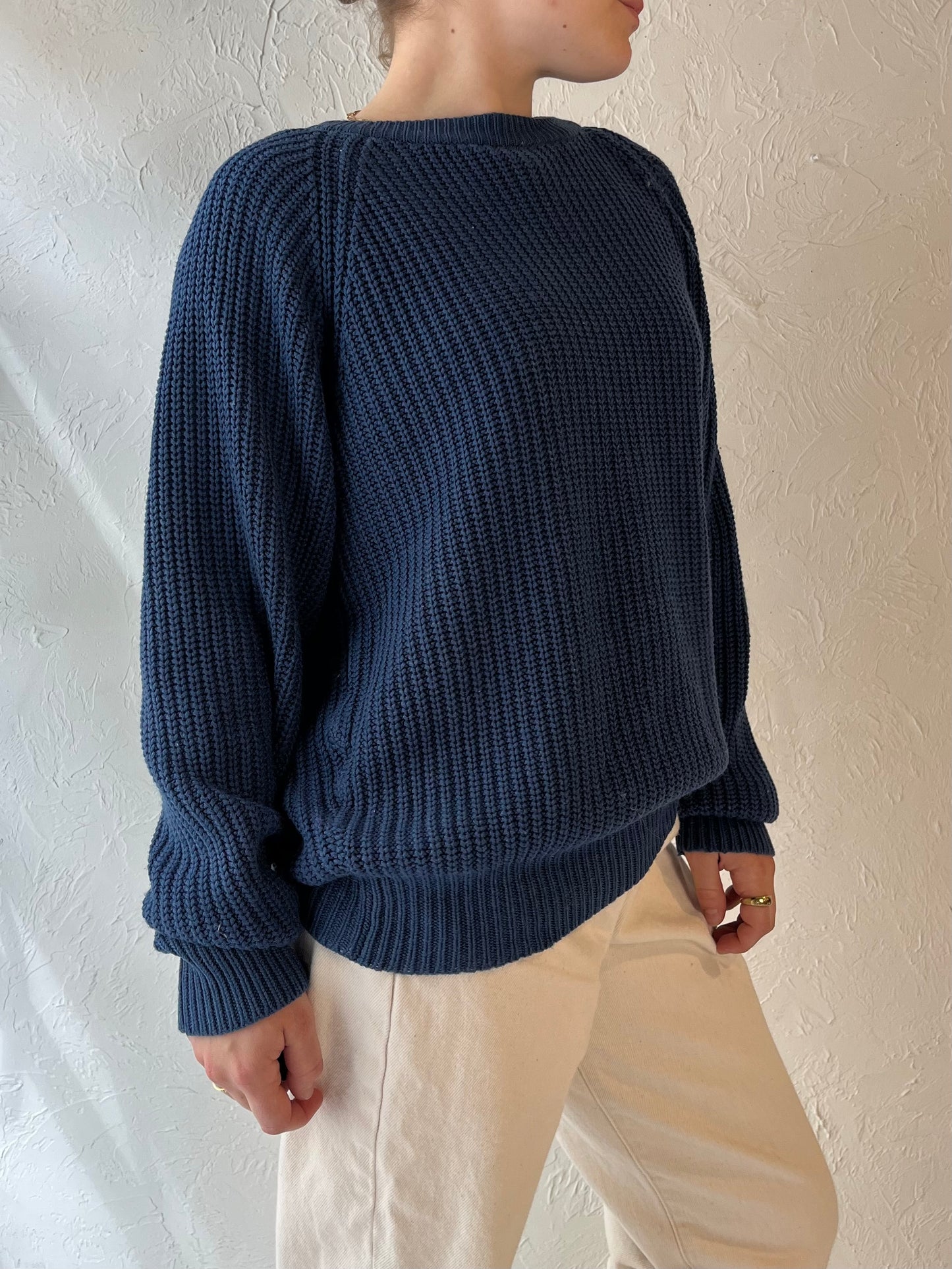 90s 'Club Europe' Blue Acrylic Knit Sweater / Medium