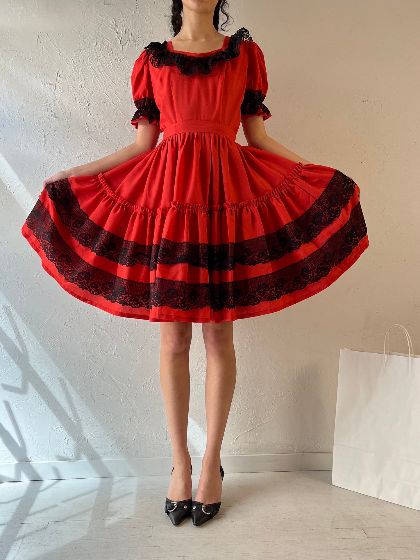 Vintage Handmade Red Puff Sleeve Dress / Small -  Medium
