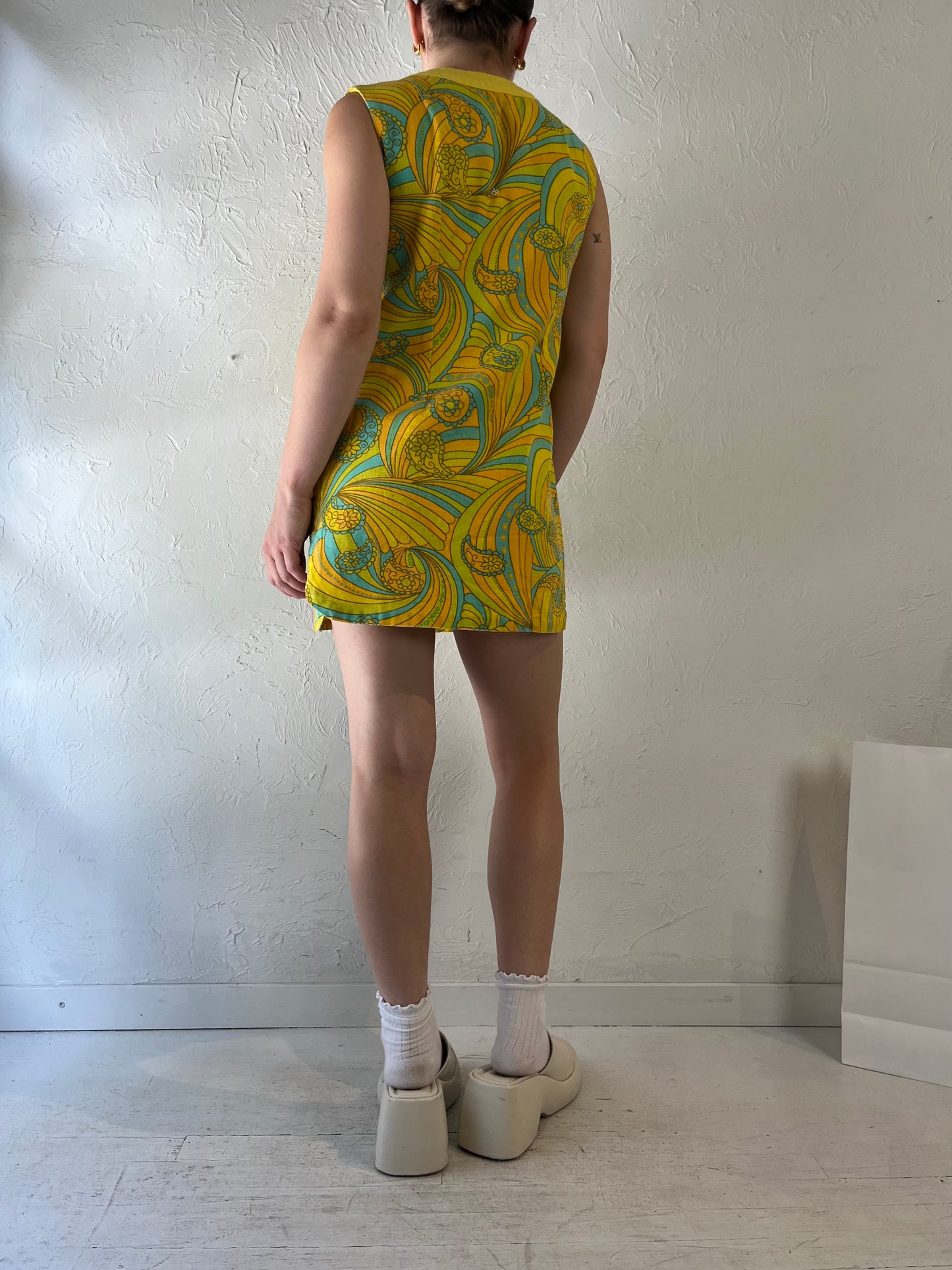 70s Handmade Yellow Paisley Micro Mini Dress / Small