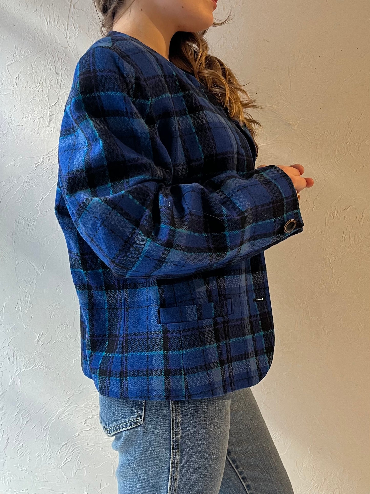 80s ‘Pendleton’ Blue Plaid Knit Wool Jacket / Large