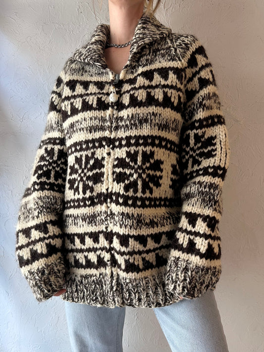 Vintage Hand Knit Chunky Wool Snowflake Sweater / XL