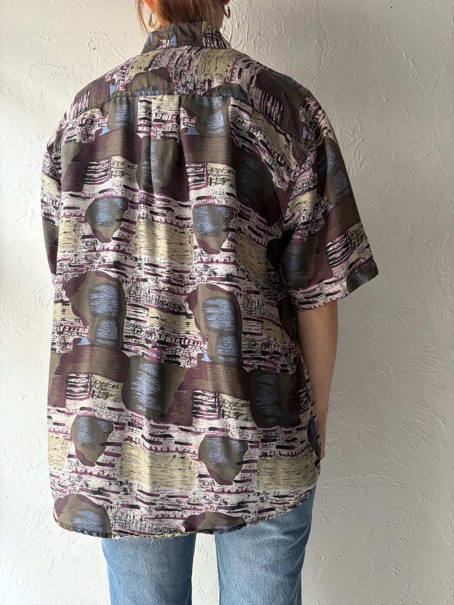 90s 'H.K.' Retro Pattered Minimalist Short Sleeve Button Up Shirt / Large