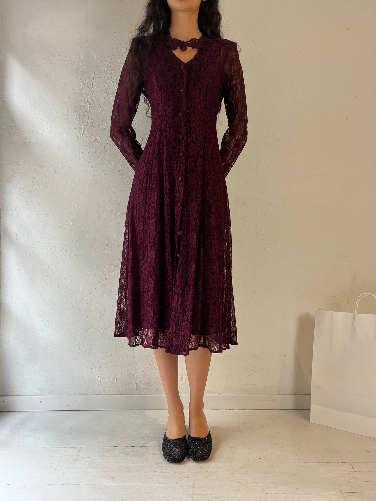 90s 'Dawn Joy' Long Sleeve Burgundy Lace Dress / Small