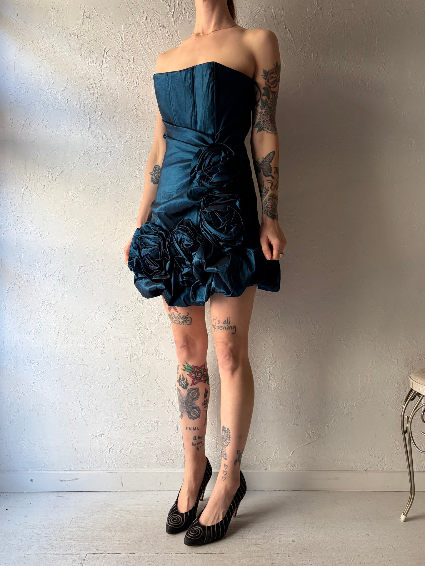 Y2k 'Sakura' Metallic Blue Strapless Formal Mini Dress / Large