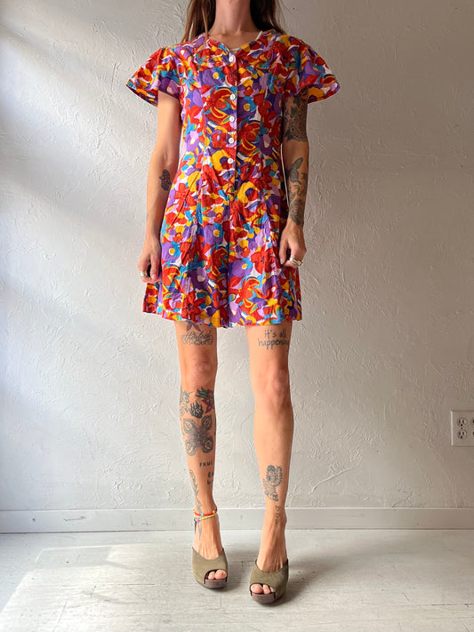 90s 'Fair Set' Multicolor Floral Mini Cotton Babydoll Cottagecore Summer Romper / Small