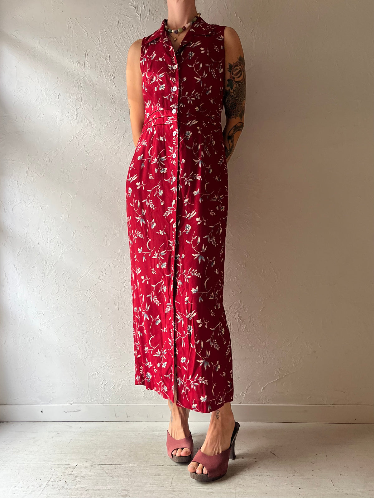 90s 'Robbie Bee' Red Floral Print Collared Maxi Dress / Small